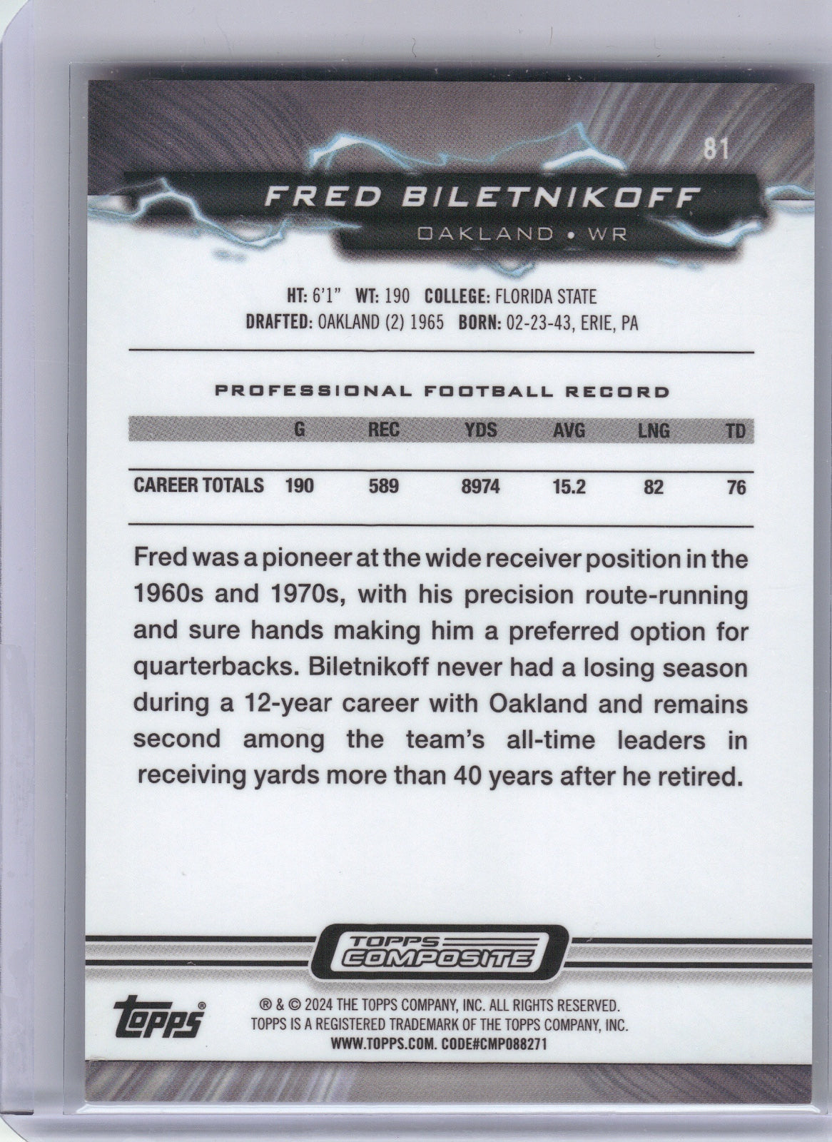 Fred Biletnikoff Oakland Raiders 2023 Topps - Resurgence Yellow Surge #81 /200 (Back)