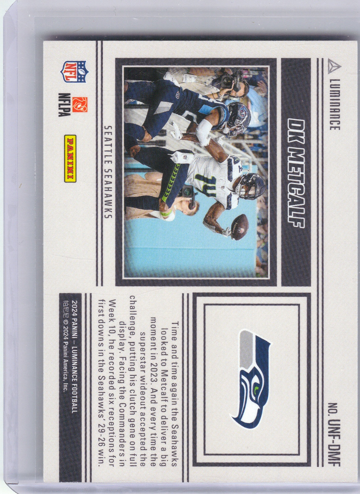 DK Metcalf Seattle Seahawks 2024 Panini Luminance - Unforgettable #UNF-DMF (Back)