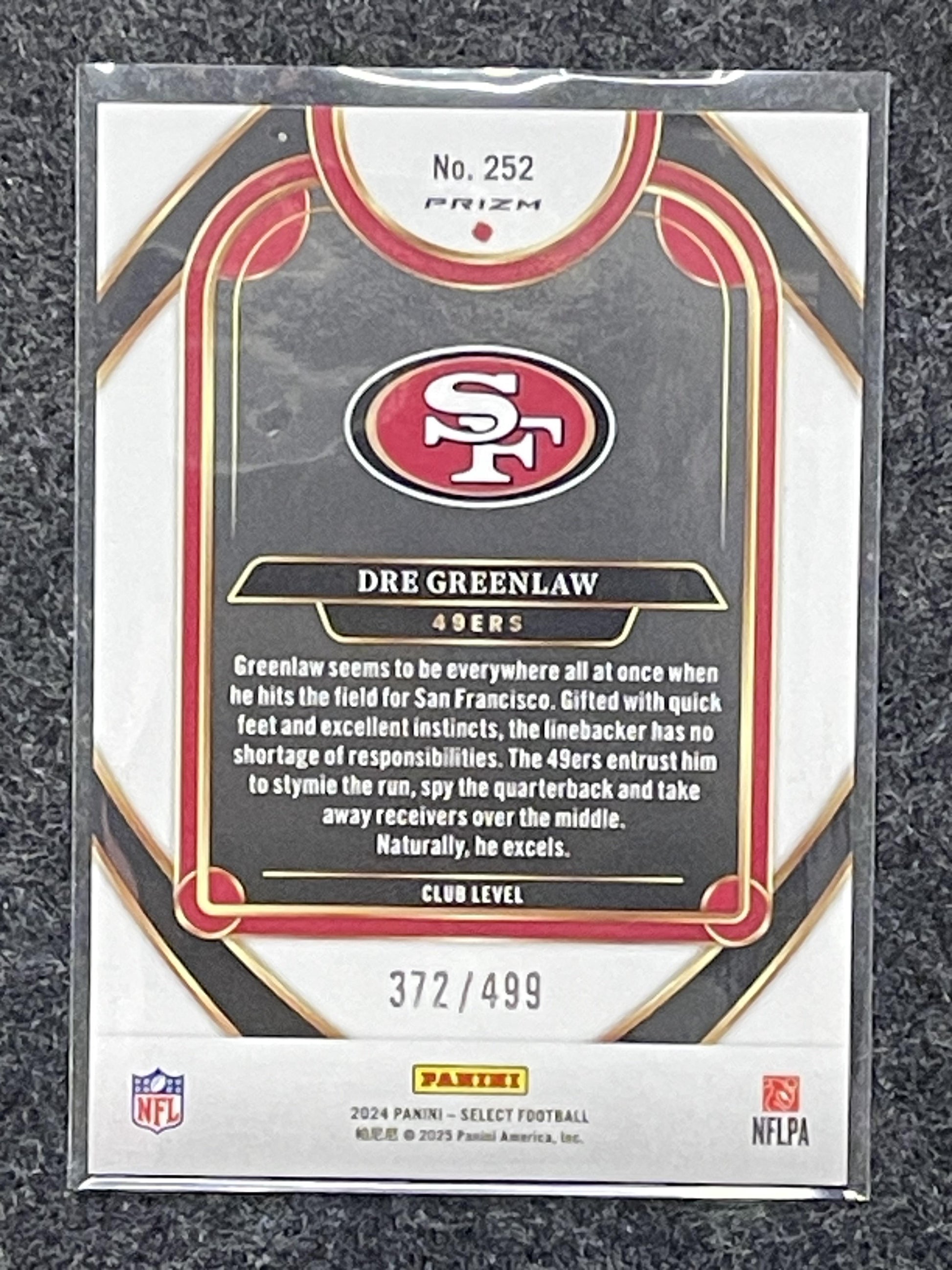 2024 Panini Select #252 Dre Greenlaw Neon Green Prizm Shock #/499 49ers SN