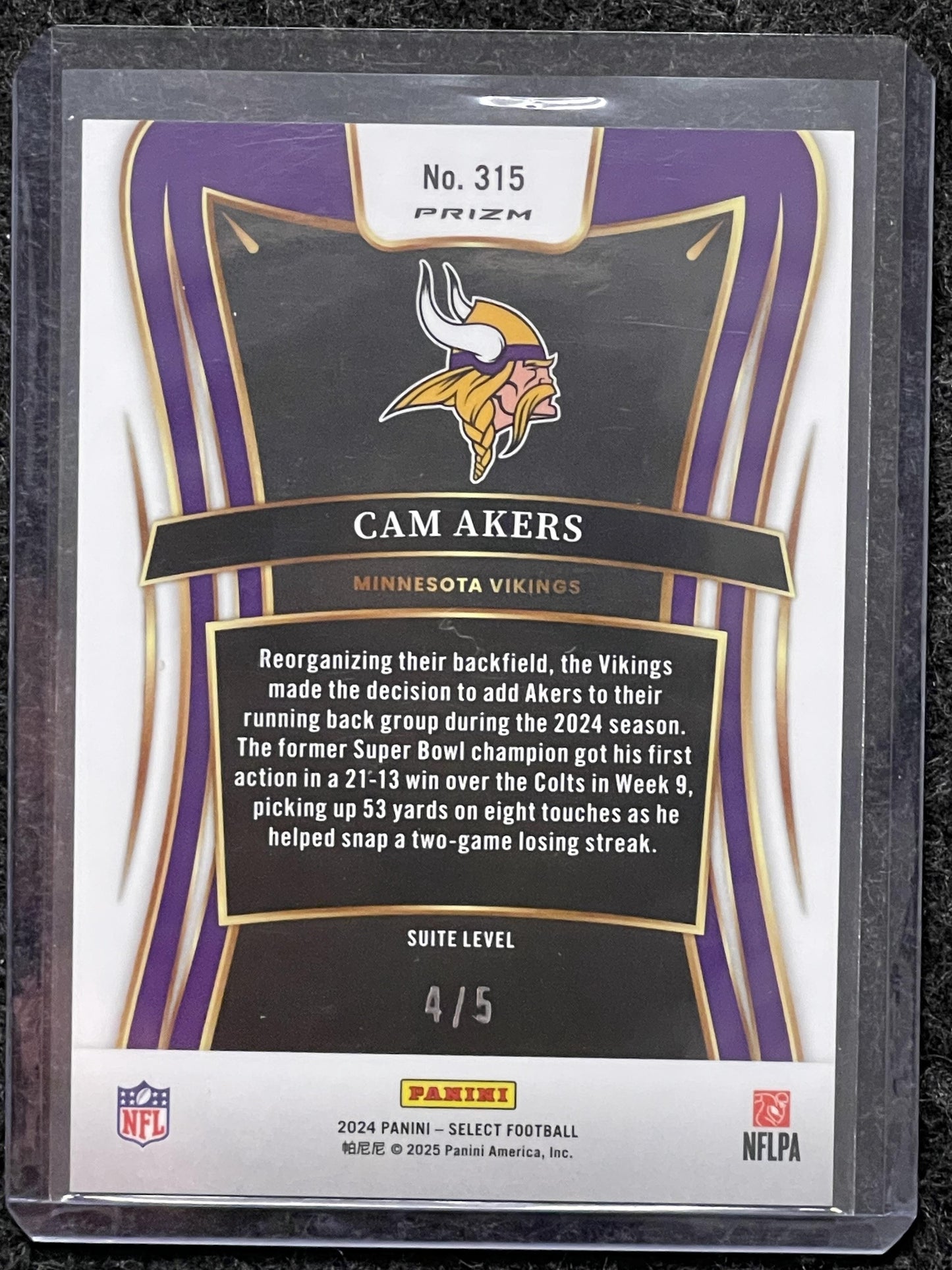 2024 Panini Select #315 Cam Akers Green Disco Prizm #/5 Minnesota Vikings SN