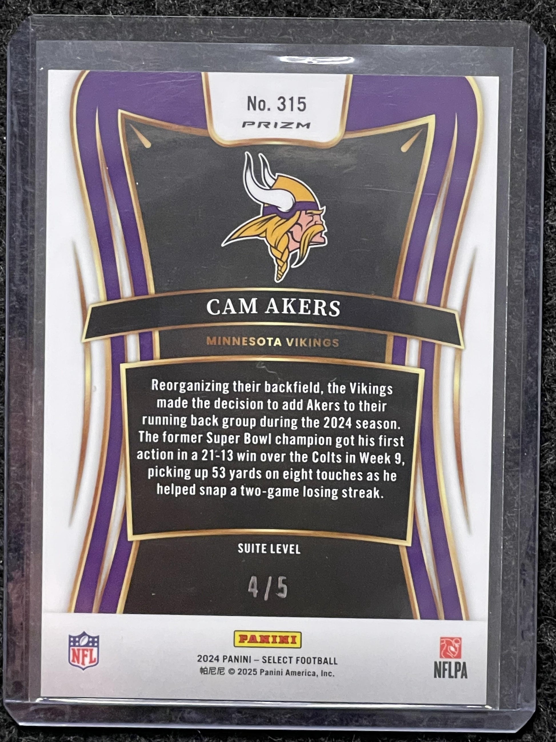 2024 Panini Select #315 Cam Akers Green Disco Prizm #/5 Minnesota Vikings SN