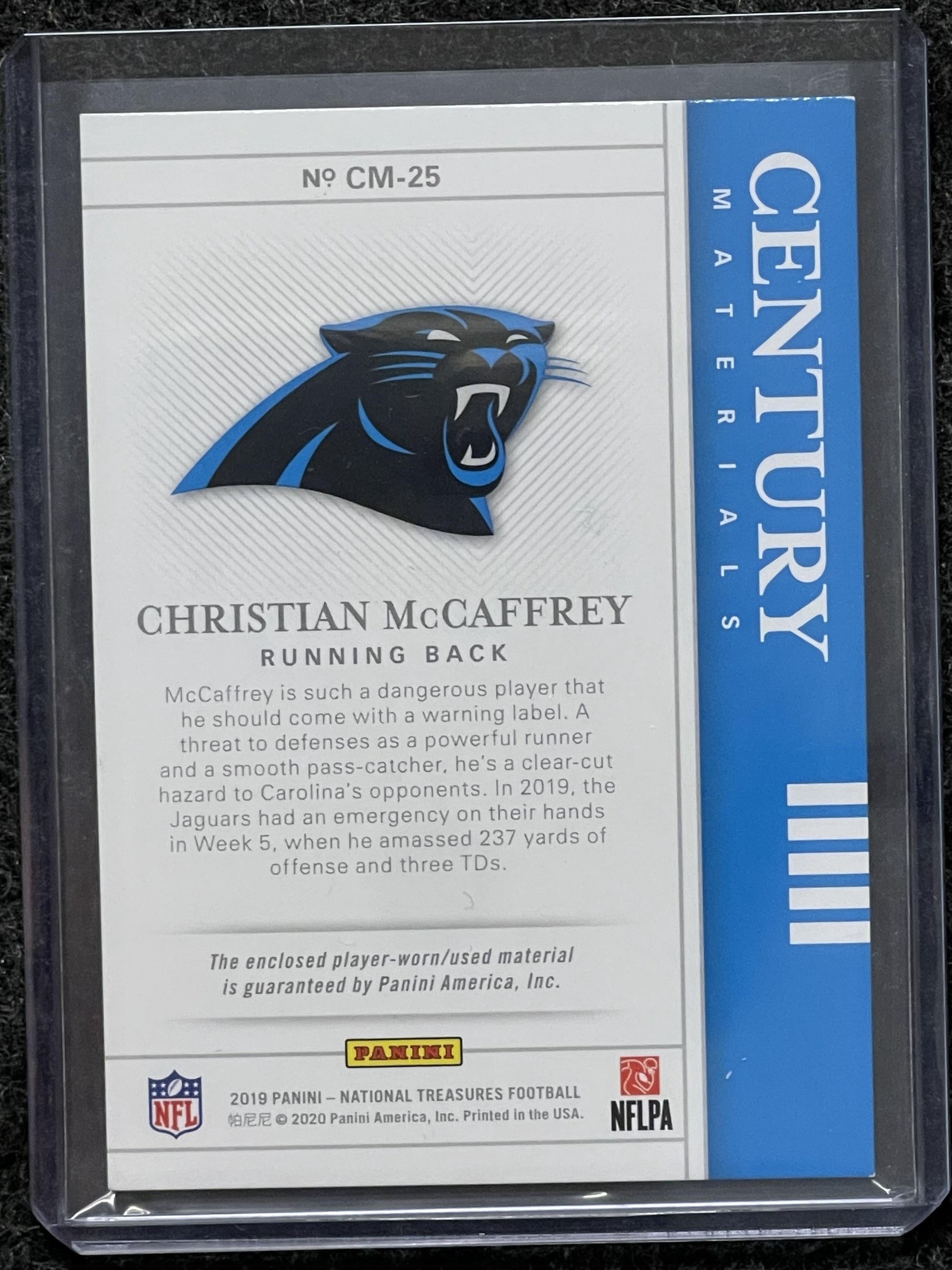 2019 Panini National Treasures #CM-25 Christian McCaffrey Holo Silver #/25