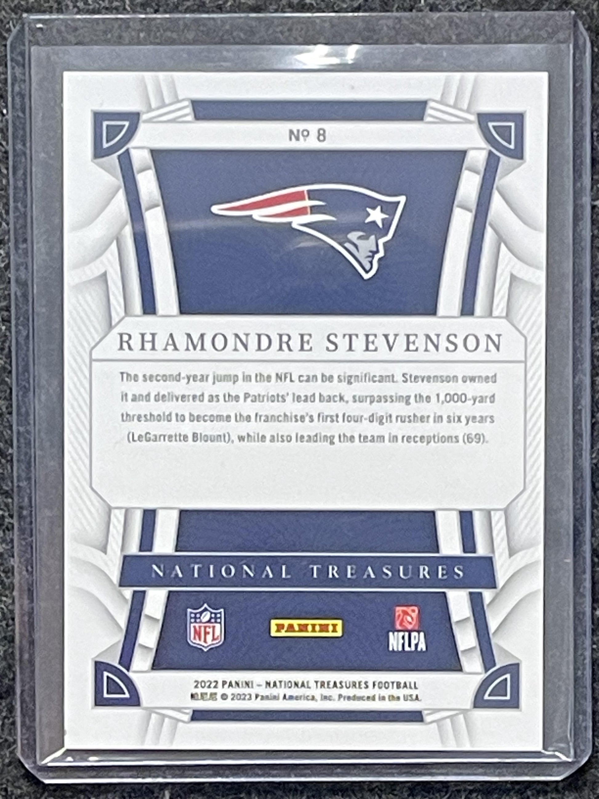 2022 Panini National Treasures #8 Rhamondre Stevenson Purple #/49 Patriots SN