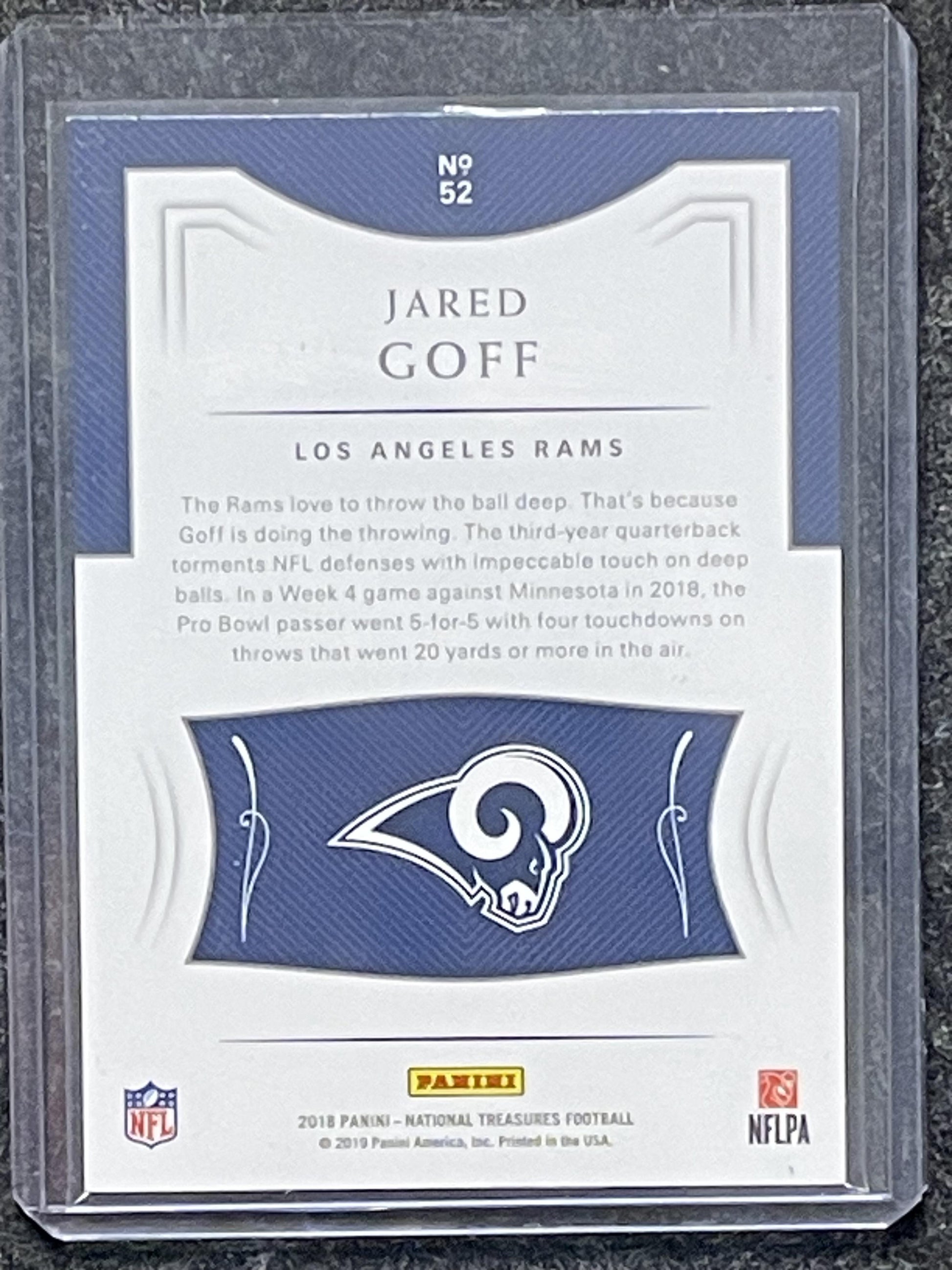 2018 Panini National Treasures #52 Jared Goff Jersey Number Red #/16