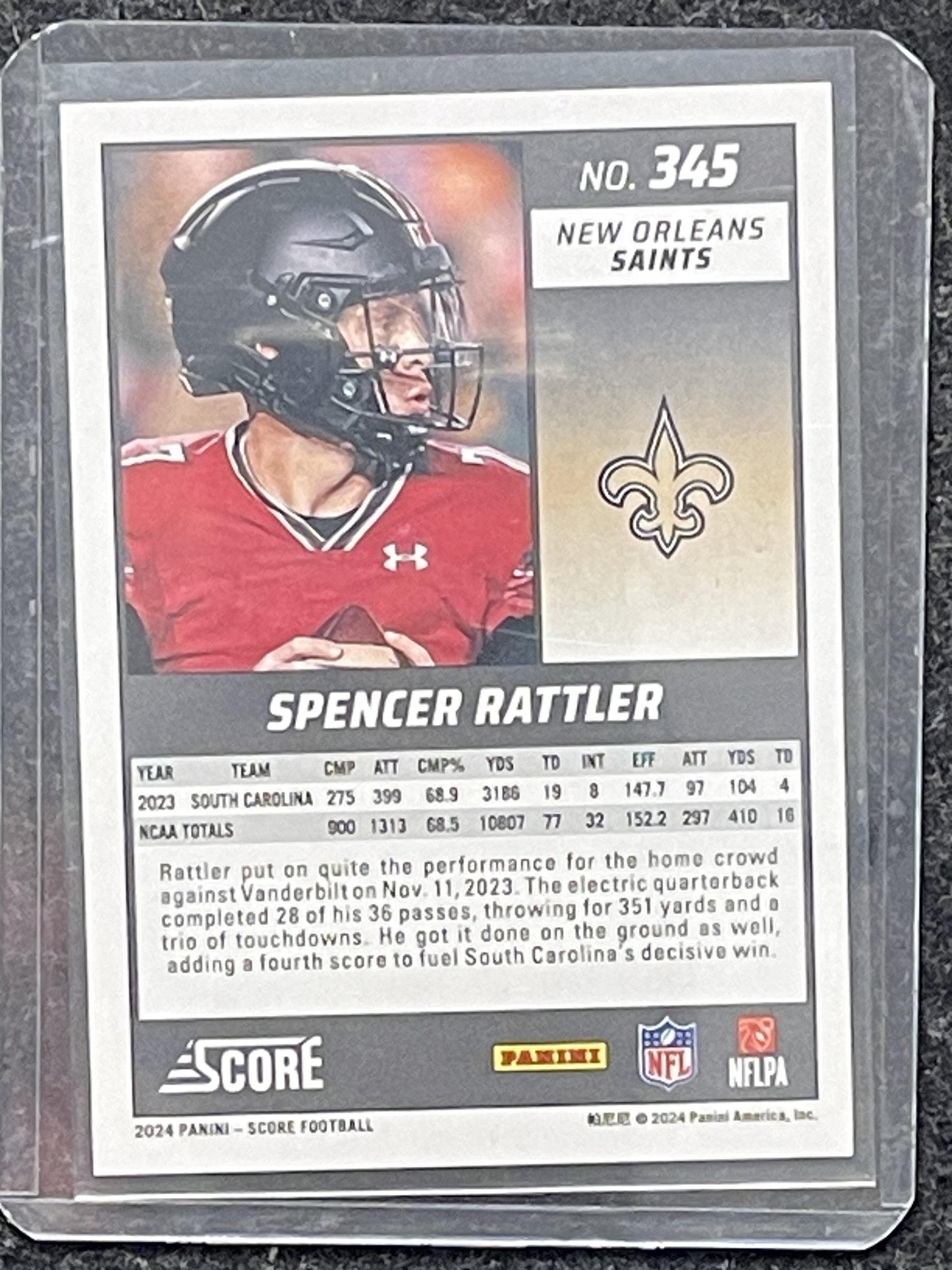 2024 Score #345 Spencer Rattler New Orleans Saints RC