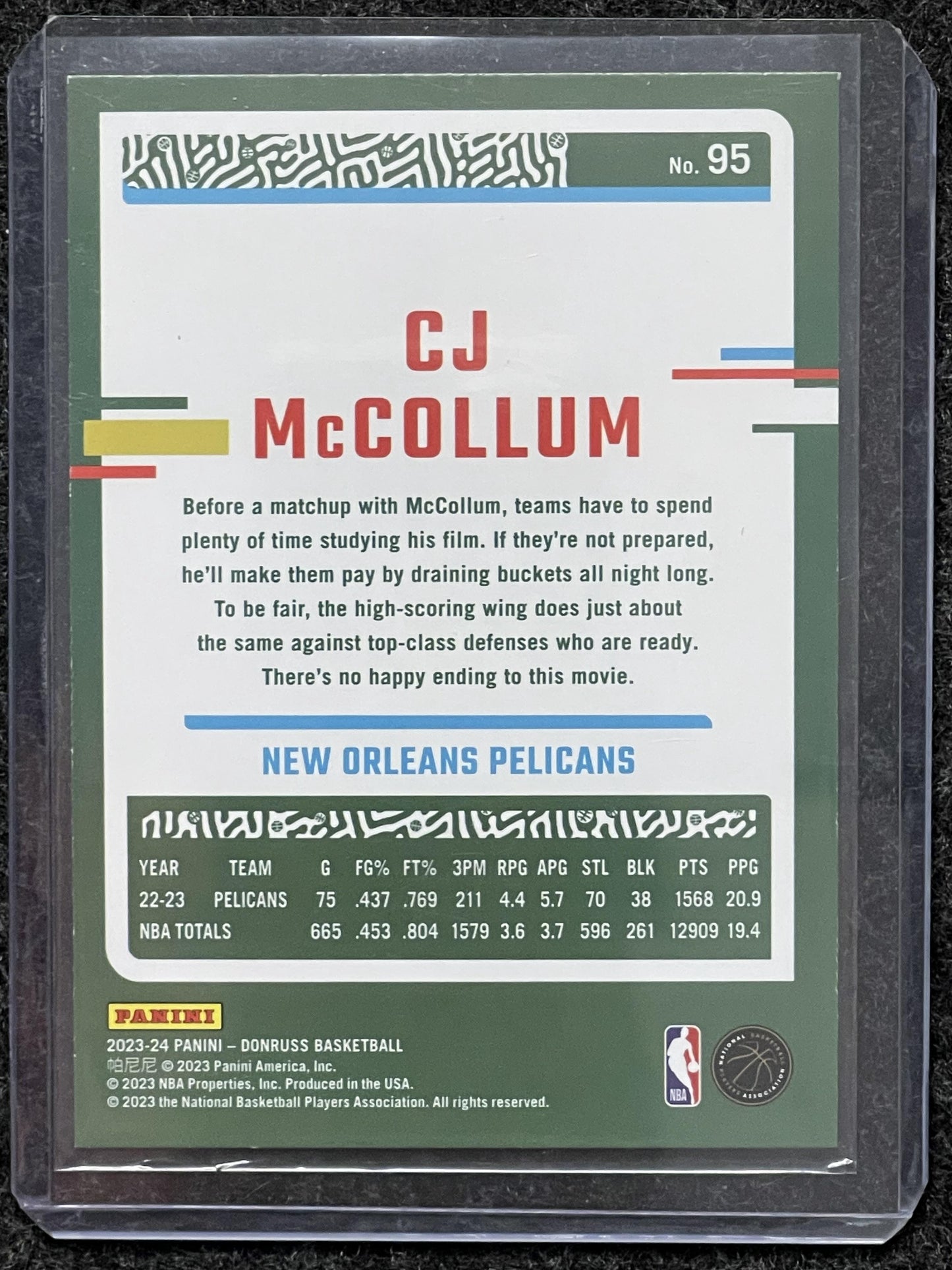 2023-24 Donruss #95 CJ McCollum Blue Laser Holo #/49 New Orleans Pelicans SN