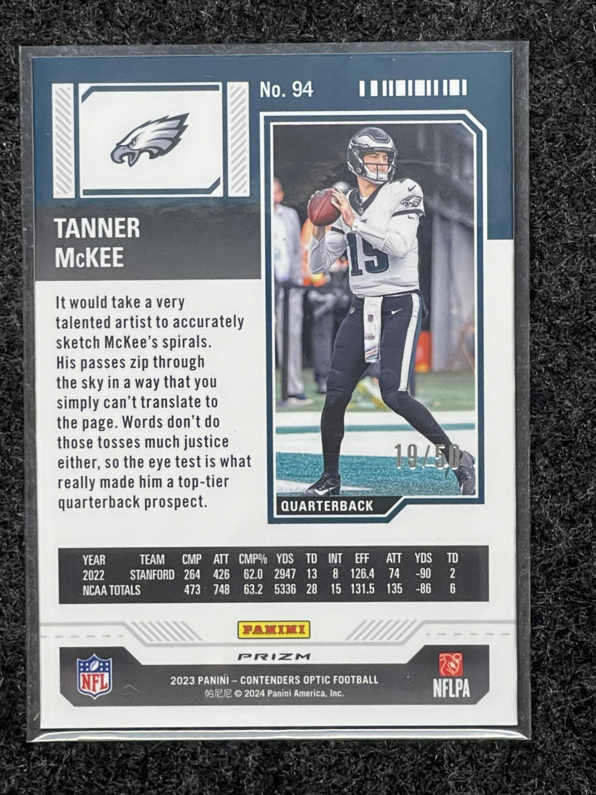 2023 Panini Contenders Optic #94 Tanner McKee Orange #/50 Philadelphia Eagles