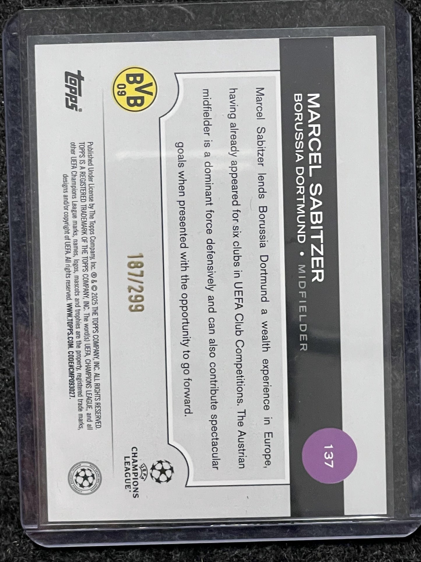 2024-25 Topps UCC #137 Marcel Sabitzer Purple Inferno Foil #/299 Dortmund