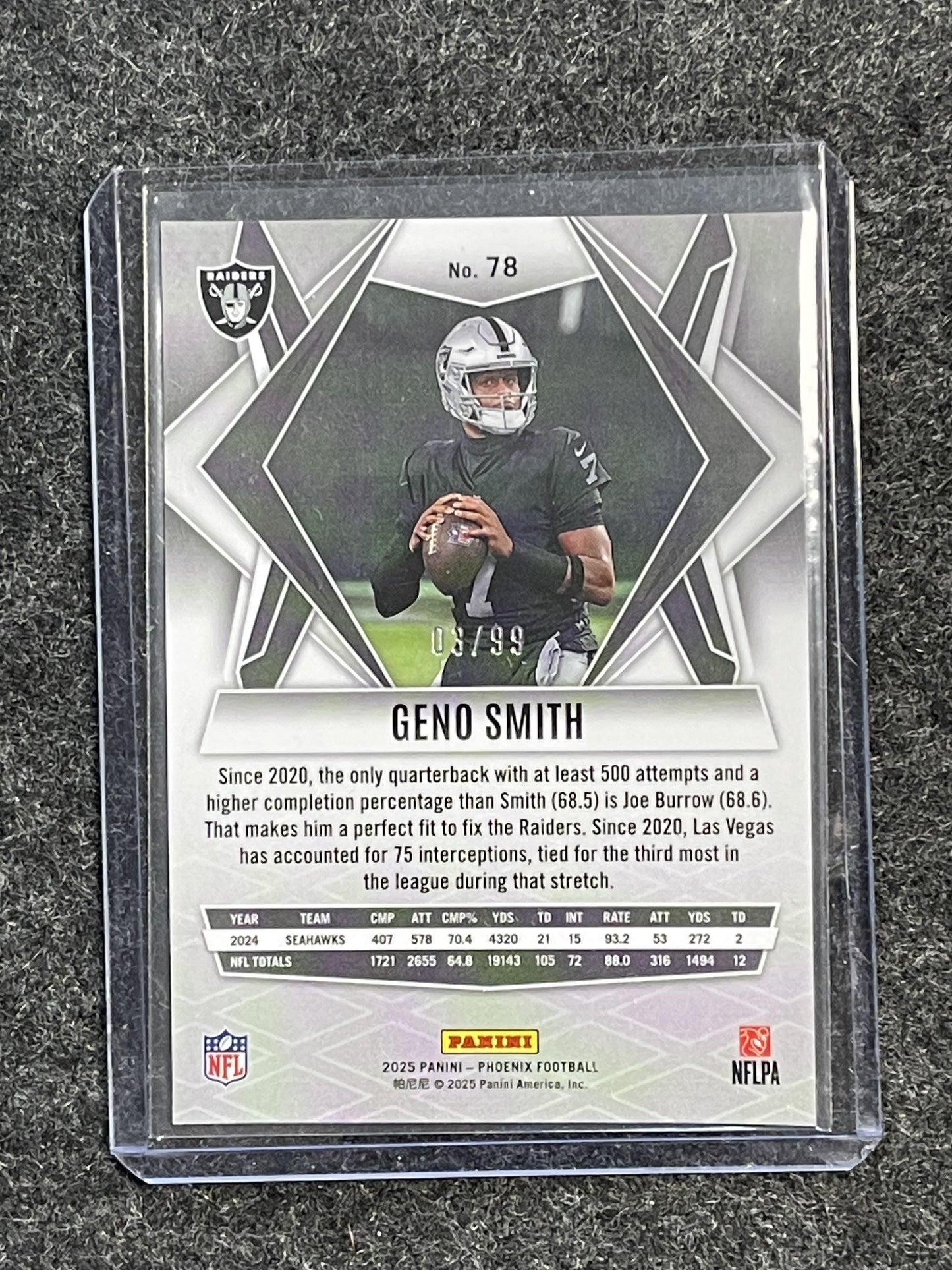 2025 Panini Phoenix #78 Geno Smith Red Seismic Prizm #/99 Las Vegas Raiders SN