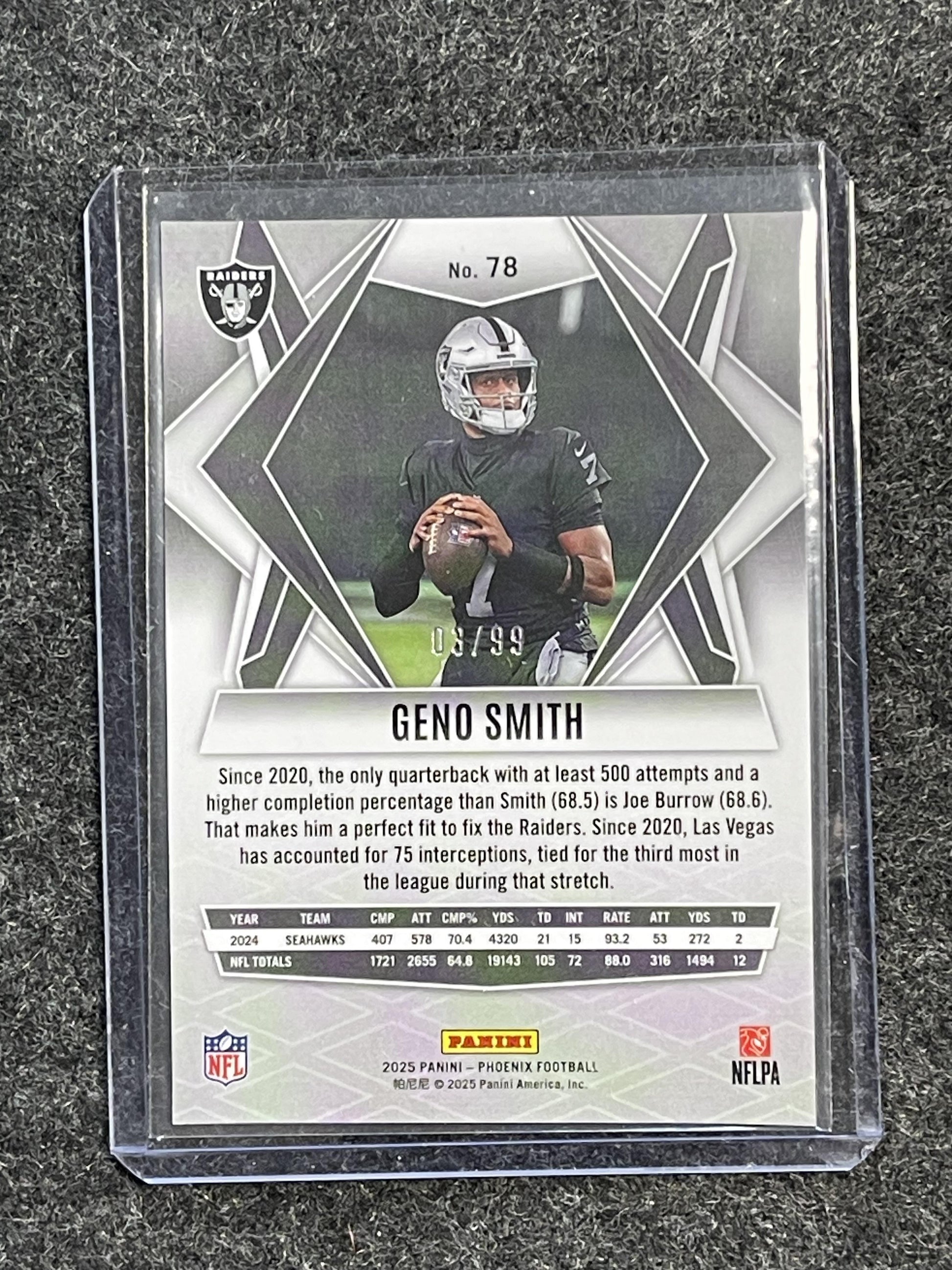 2025 Panini Phoenix #78 Geno Smith Red Seismic Prizm #/99 Las Vegas Raiders SN