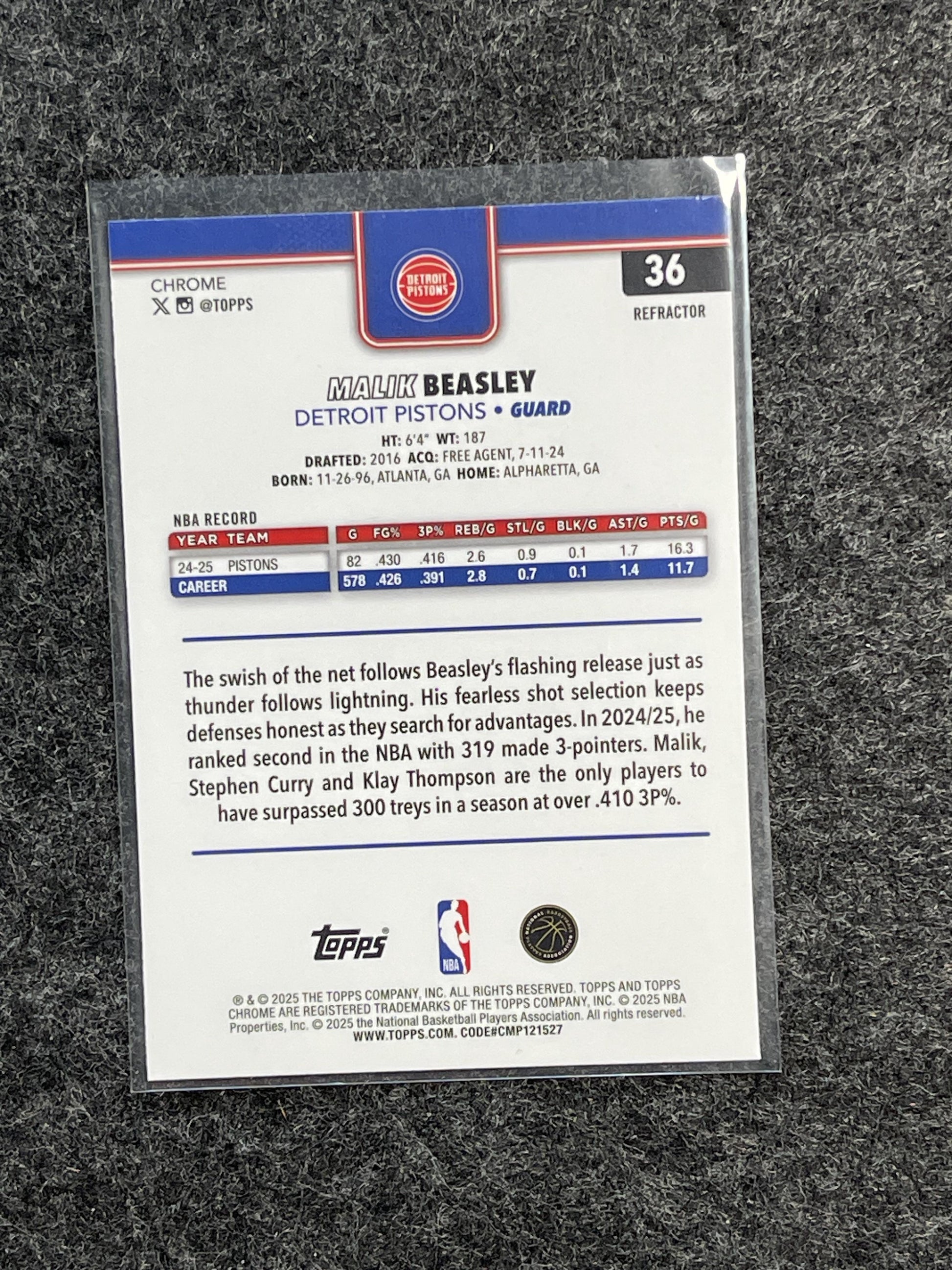 2025-26 Topps Chrome #36 Malik Beasley Refractor Detroit Pistons