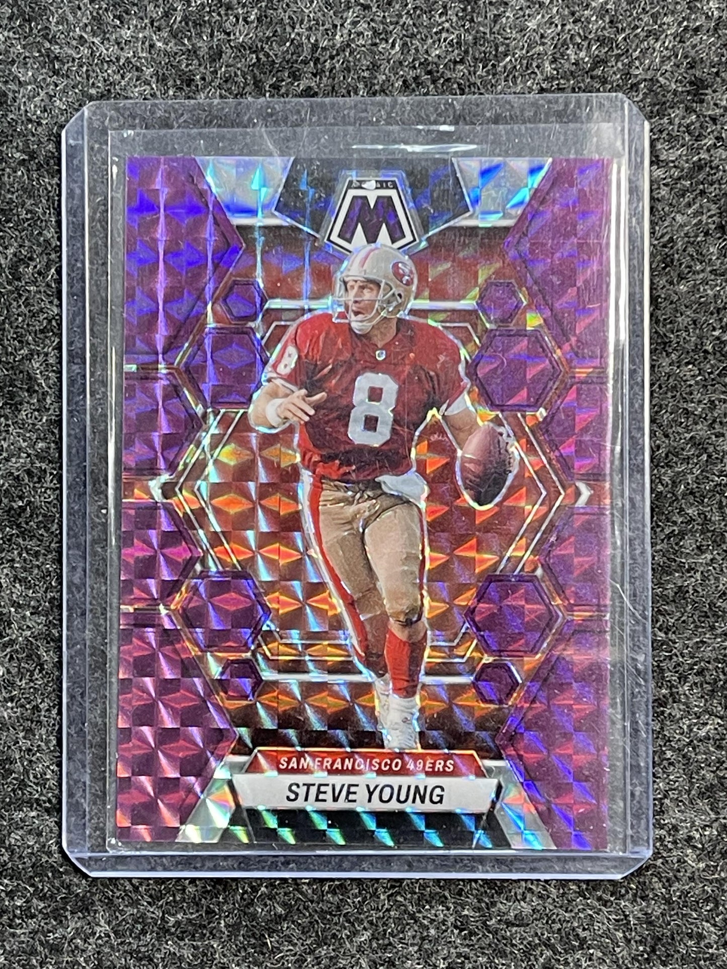 2023 Panini Mosaic #218 Steve Young Purple Mosaic #/49 San Francisco 49ers SN