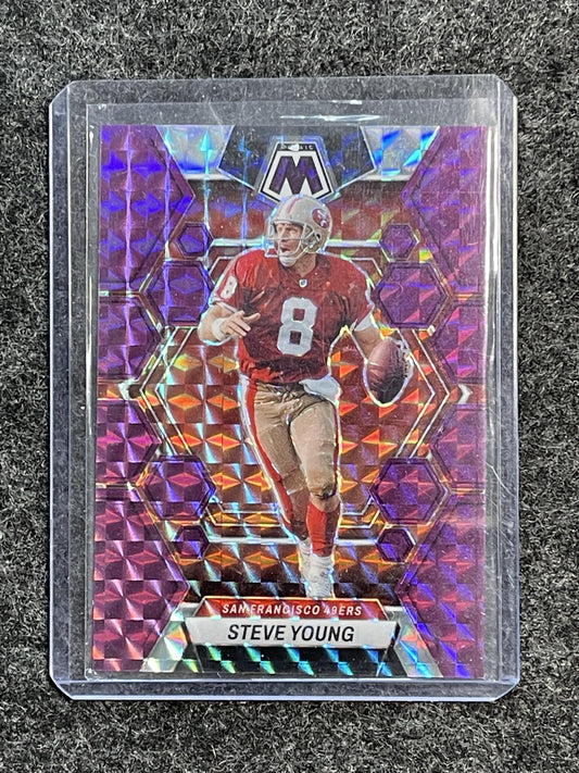 2023 Panini Mosaic #218 Steve Young Purple Mosaic #/49 San Francisco 49ers SN
