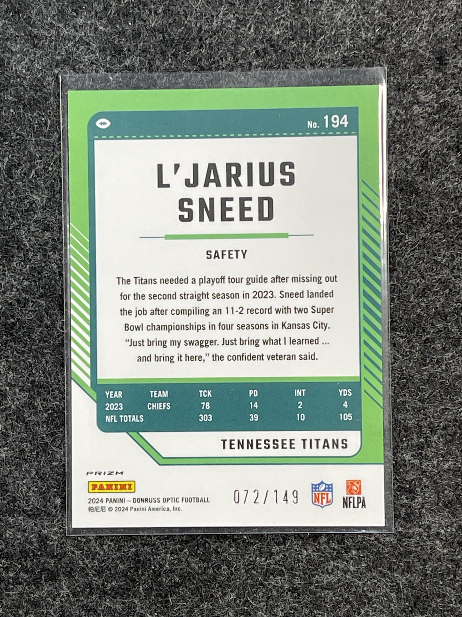 2024 Donruss Optic #194 L'Jarius Sneed Flex #/149 Tennessee Titans SN