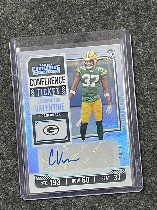 2023 Panini Contenders #174 Carrington Valentine Conference Ticket #/75 Packers