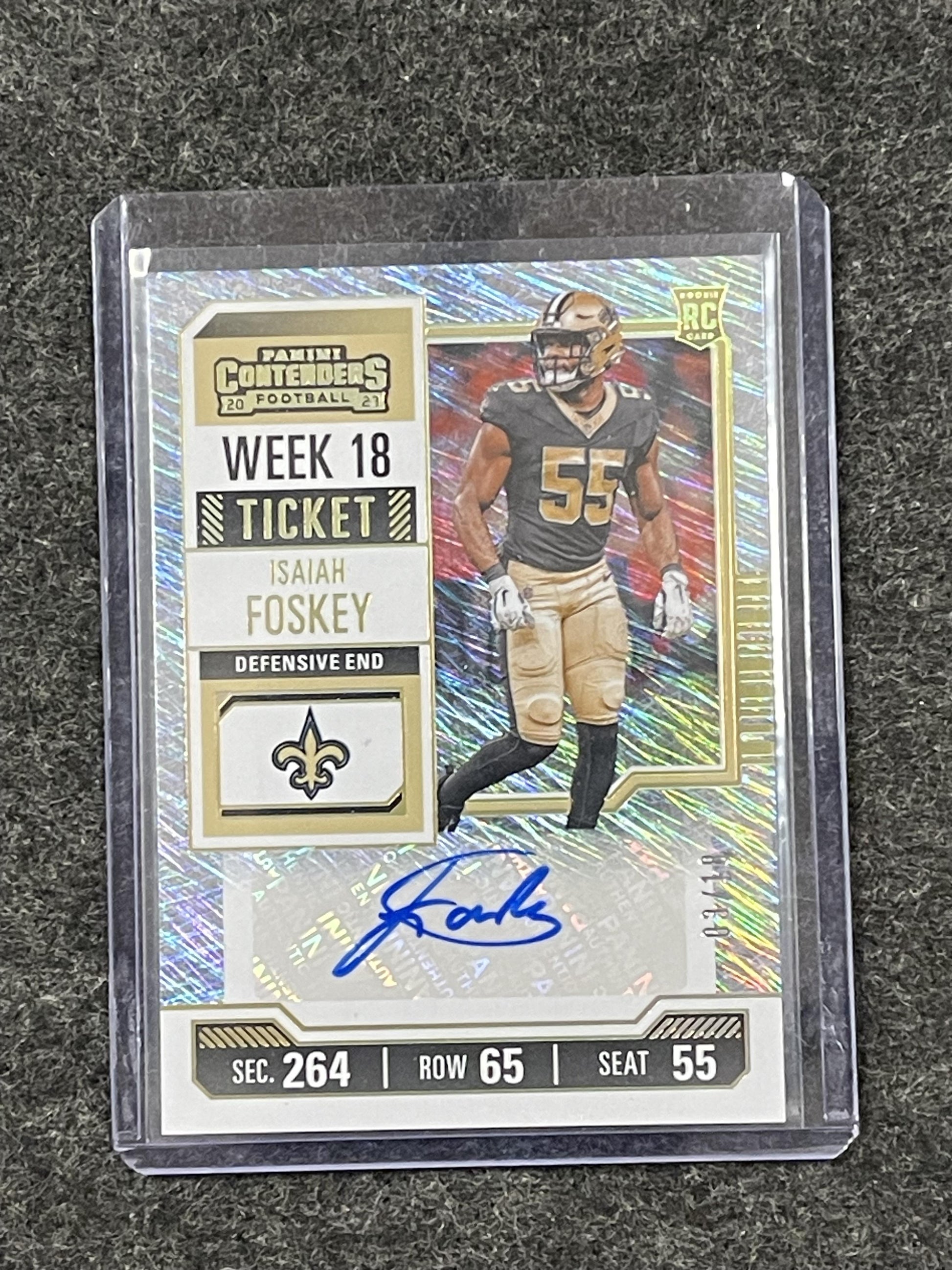 2023 Panini Contenders #239 Isaiah Foskey Week 18 Ticket #/18 New Orleans Saints