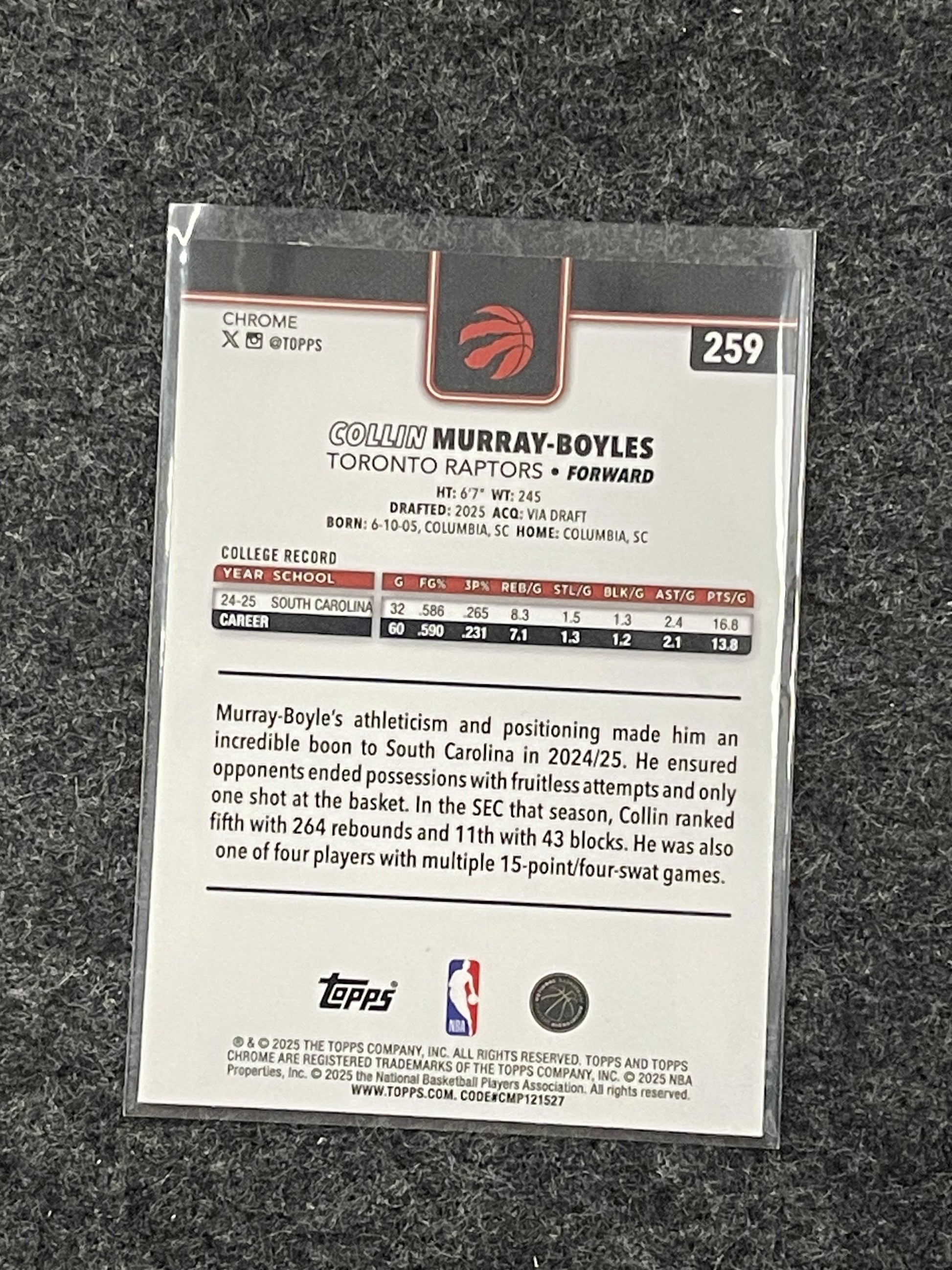 2025-26 Topps Chrome #259 Collin Murray-Boyles Toronto Raptors RC