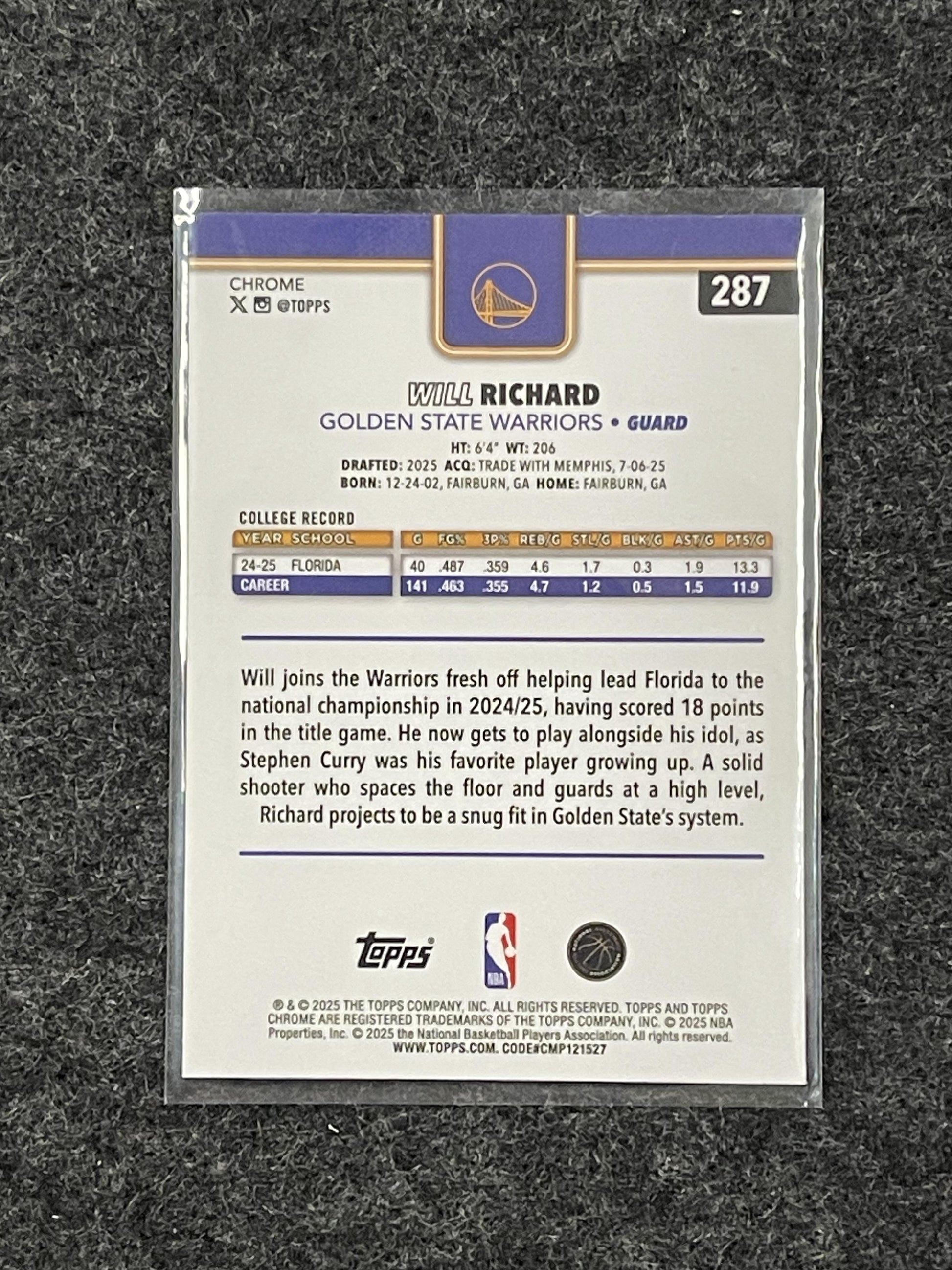 2025-26 Topps Chrome #287 Will Richard Golden State Warriors RC