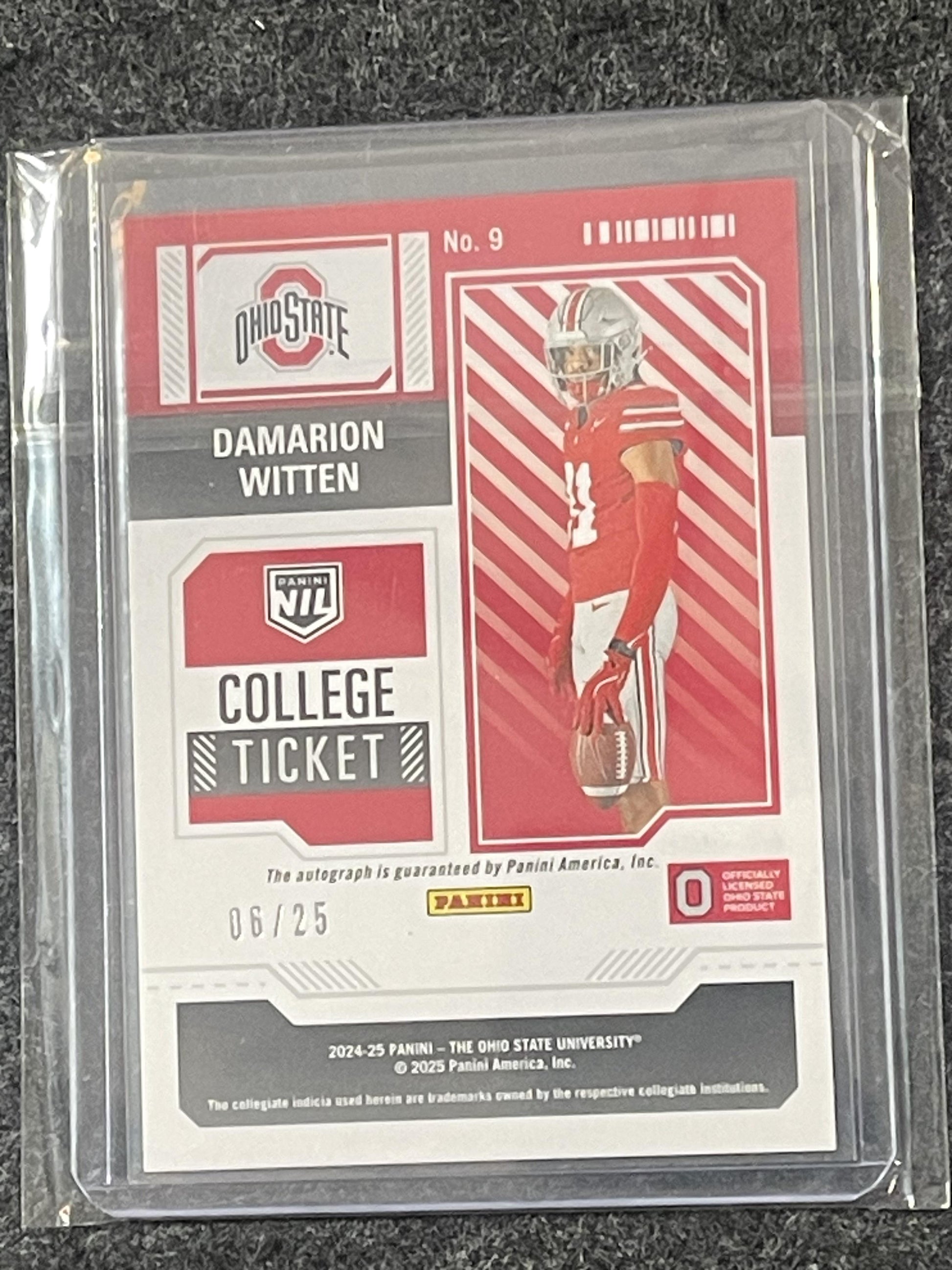 2025 Panini Ohio State University #9 Damarion Witten Autographs Cracked Ice #/25