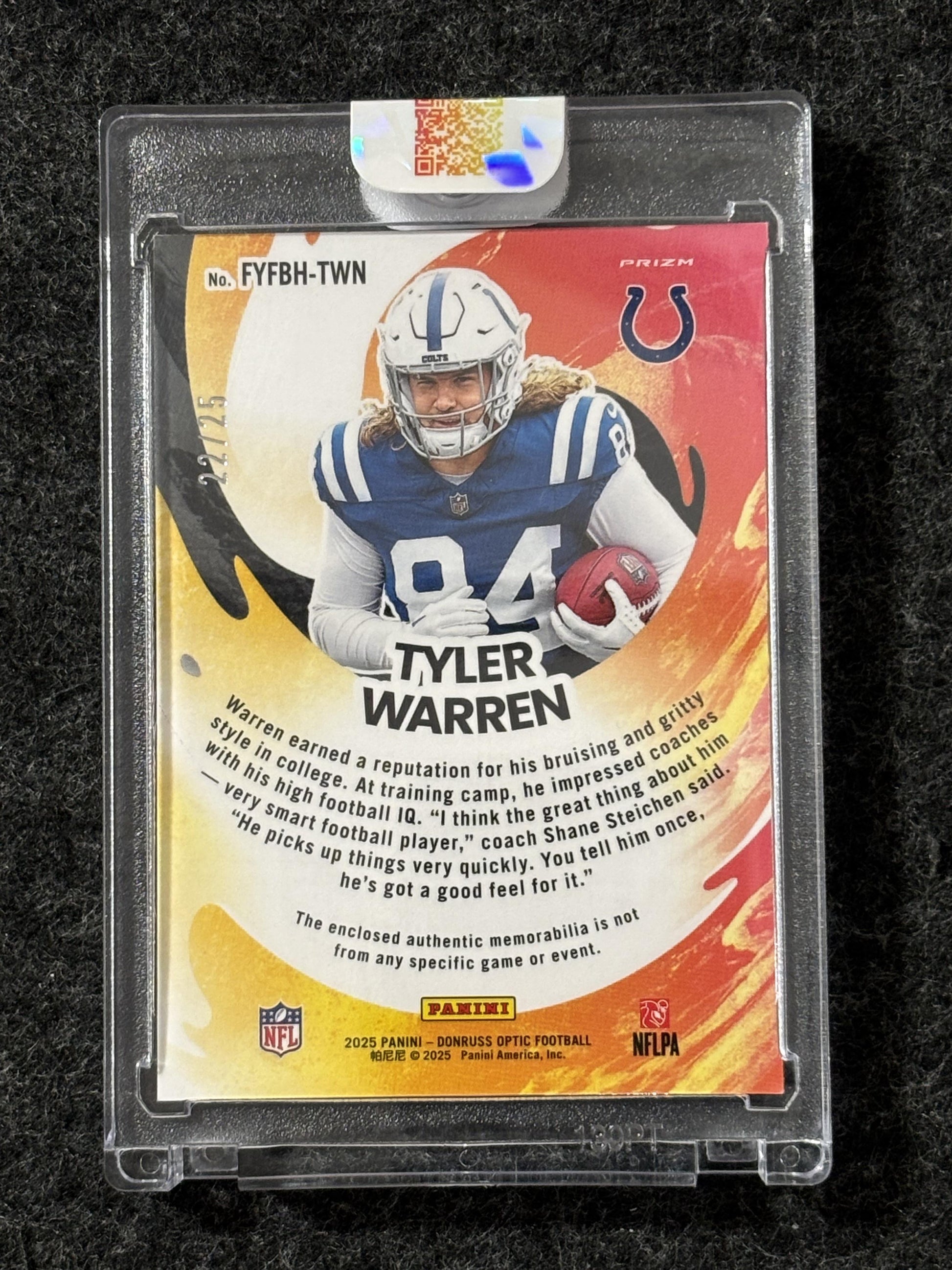 2025 Donruss Optic #FYFBH-TWN Tyler Warren First Year Fresh Black Pandora #/25 Indianapolis Colts SN,MEM