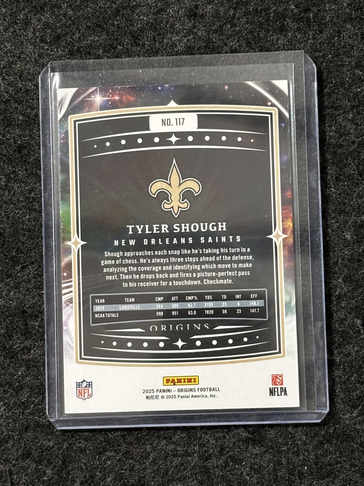 2025 Panini Origins #117 Tyler Shough Holo Blue #/199 New Orleans Saints SN,RC