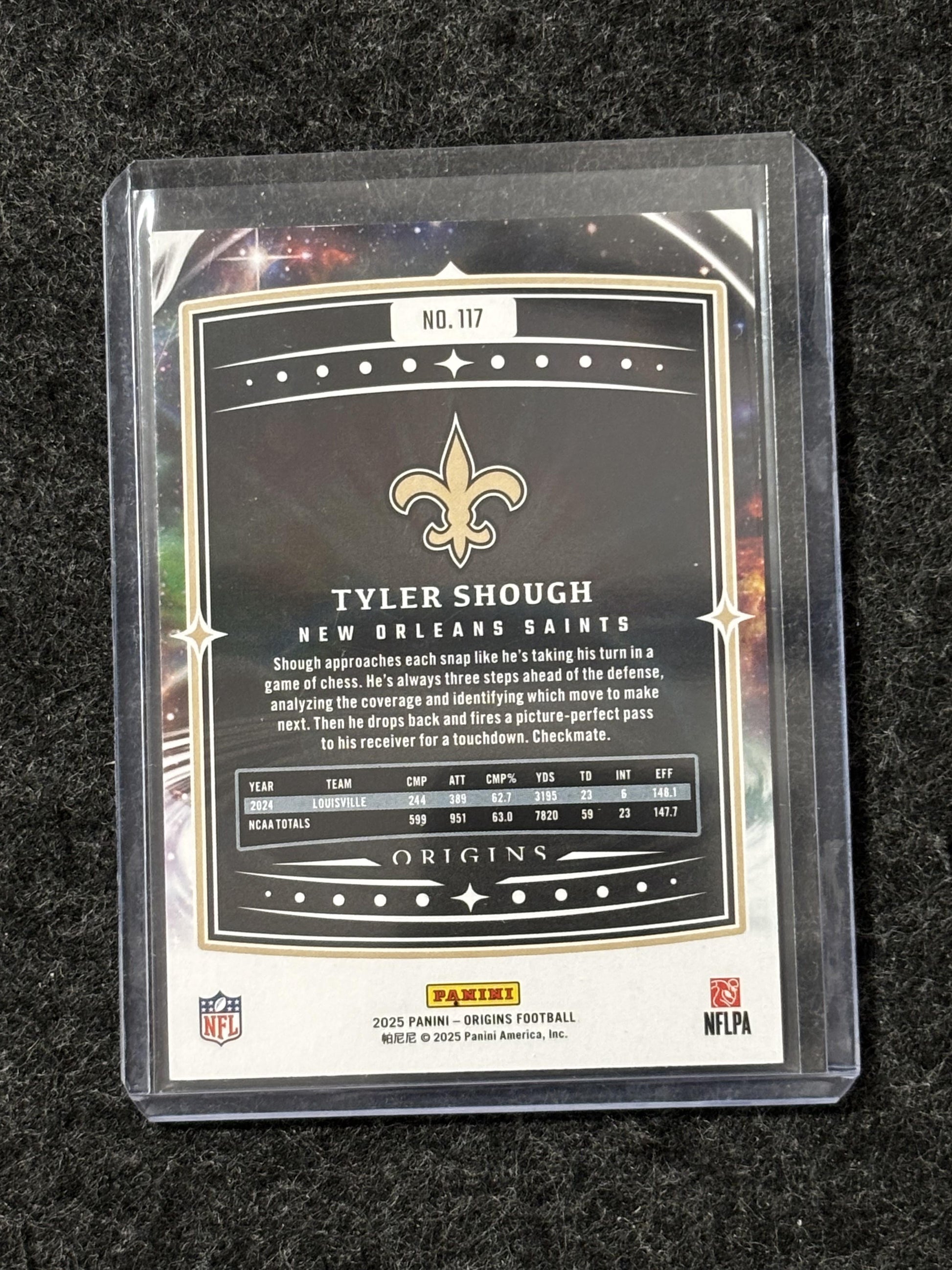 2025 Panini Origins #117 Tyler Shough Holo Blue #/199 New Orleans Saints SN,RC
