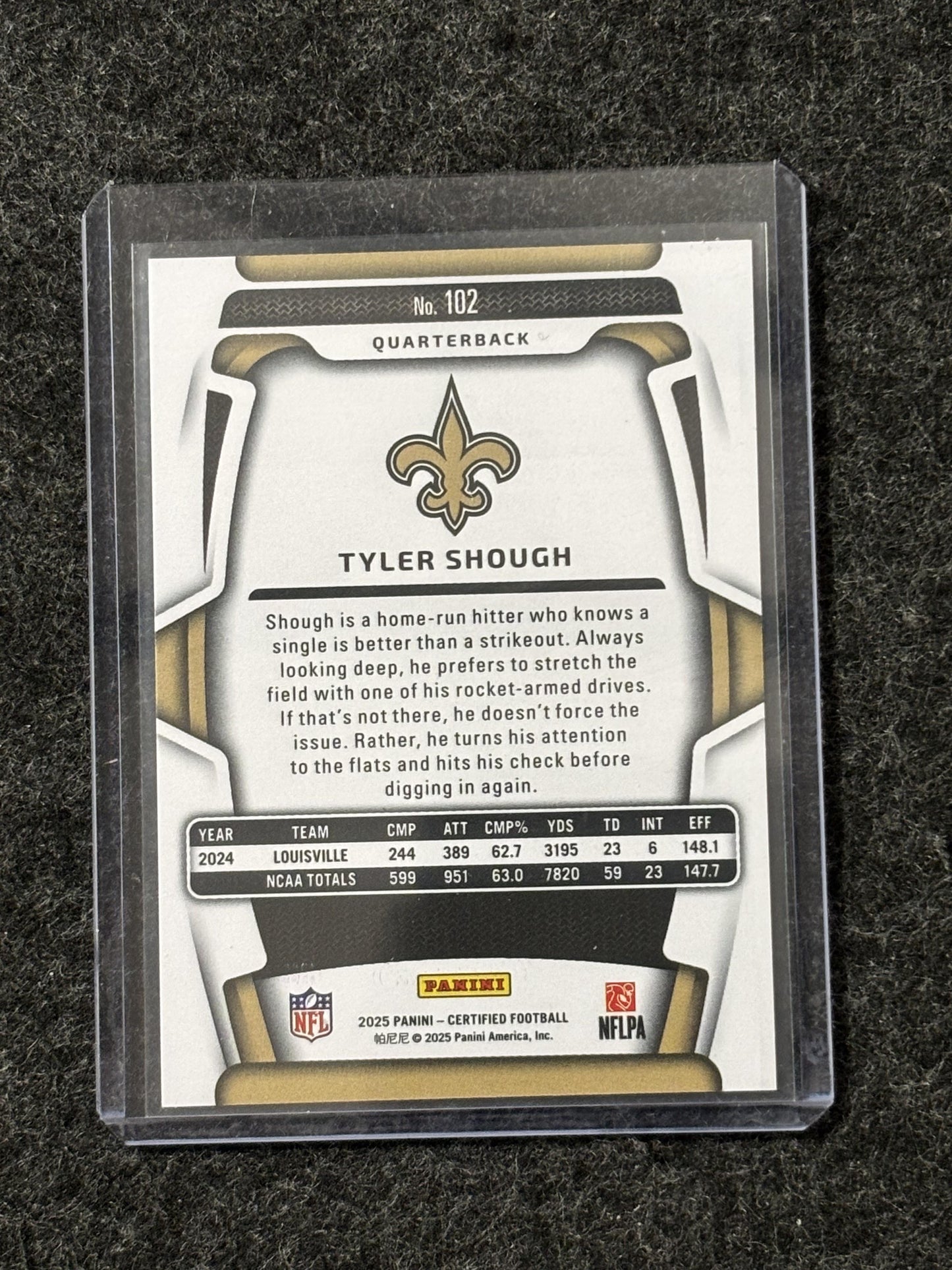 2025 Panini Certified #102 Tyler Shough Mirror Purple #/299 New Orleans Saints SN,RC