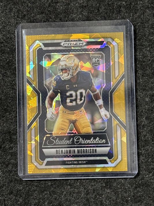 2025 Panini Prizm Draft Picks #21 Benjamin Morrison Student Orientation Gold Ice Notre Dame Fighting Irish