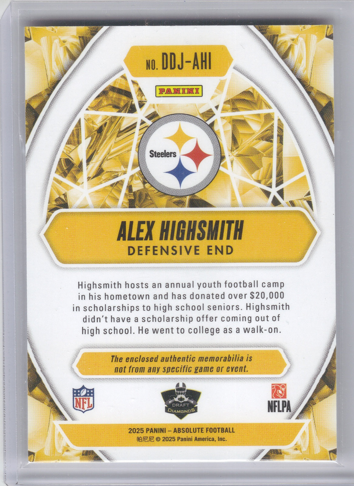 Alex Highsmith Steelers 2025 Panini Absolute - Draft Diamonds Jersey #DDJ-AHI (Back)