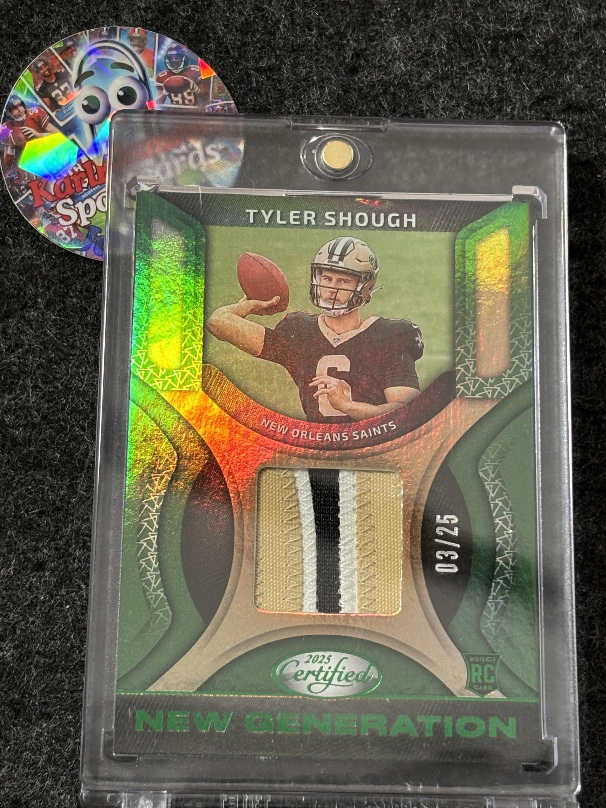 2025 Panini Certified #NGJ-TSH Tyler Shough New Generation Jerseys Mirror Green #/25 New Orleans Saints SN,MEM