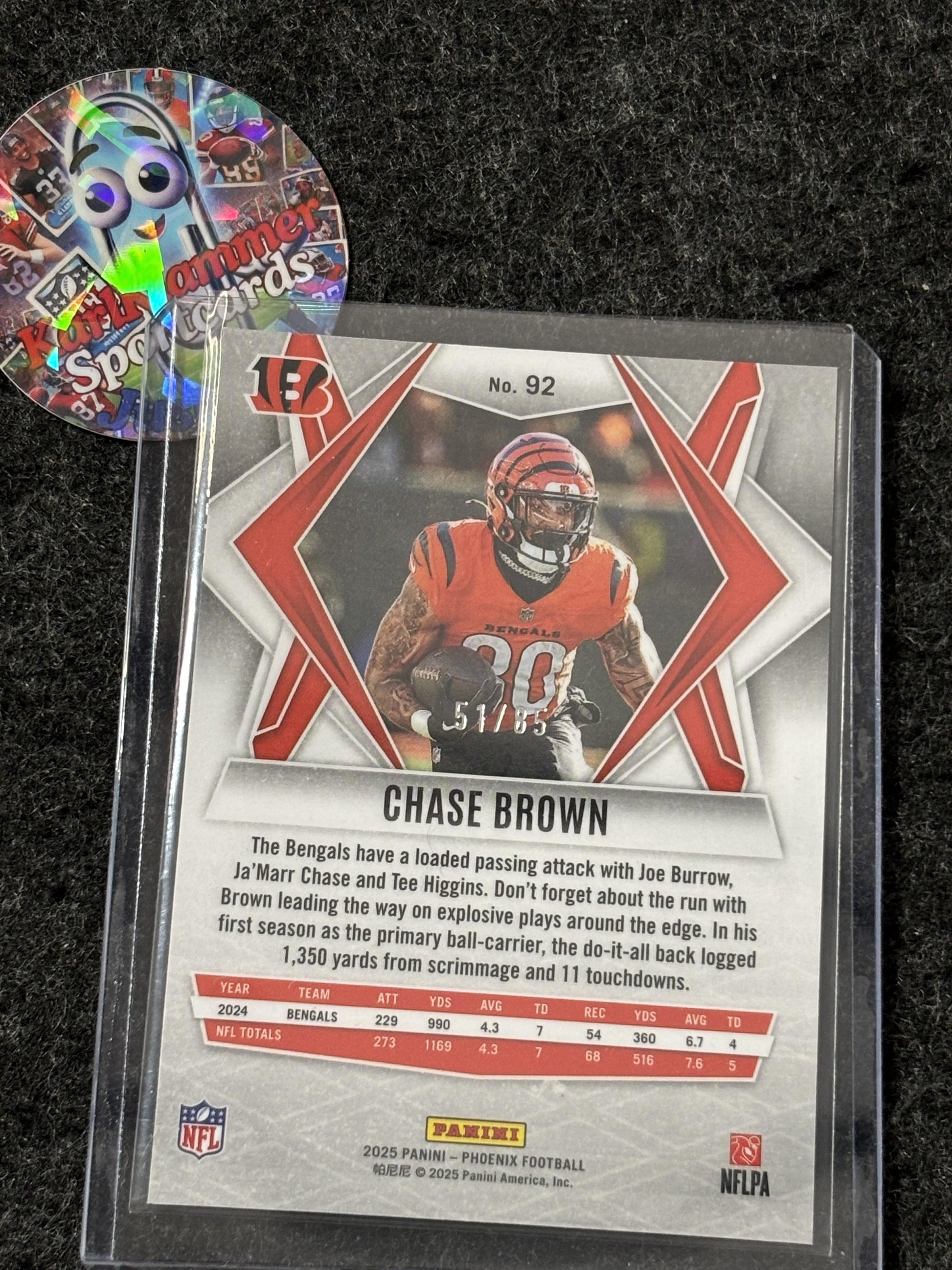 2025 Panini Phoenix #92 Chase Brown Light Blue Mojo Prizm #/85 Cincinnati Bengals SN
