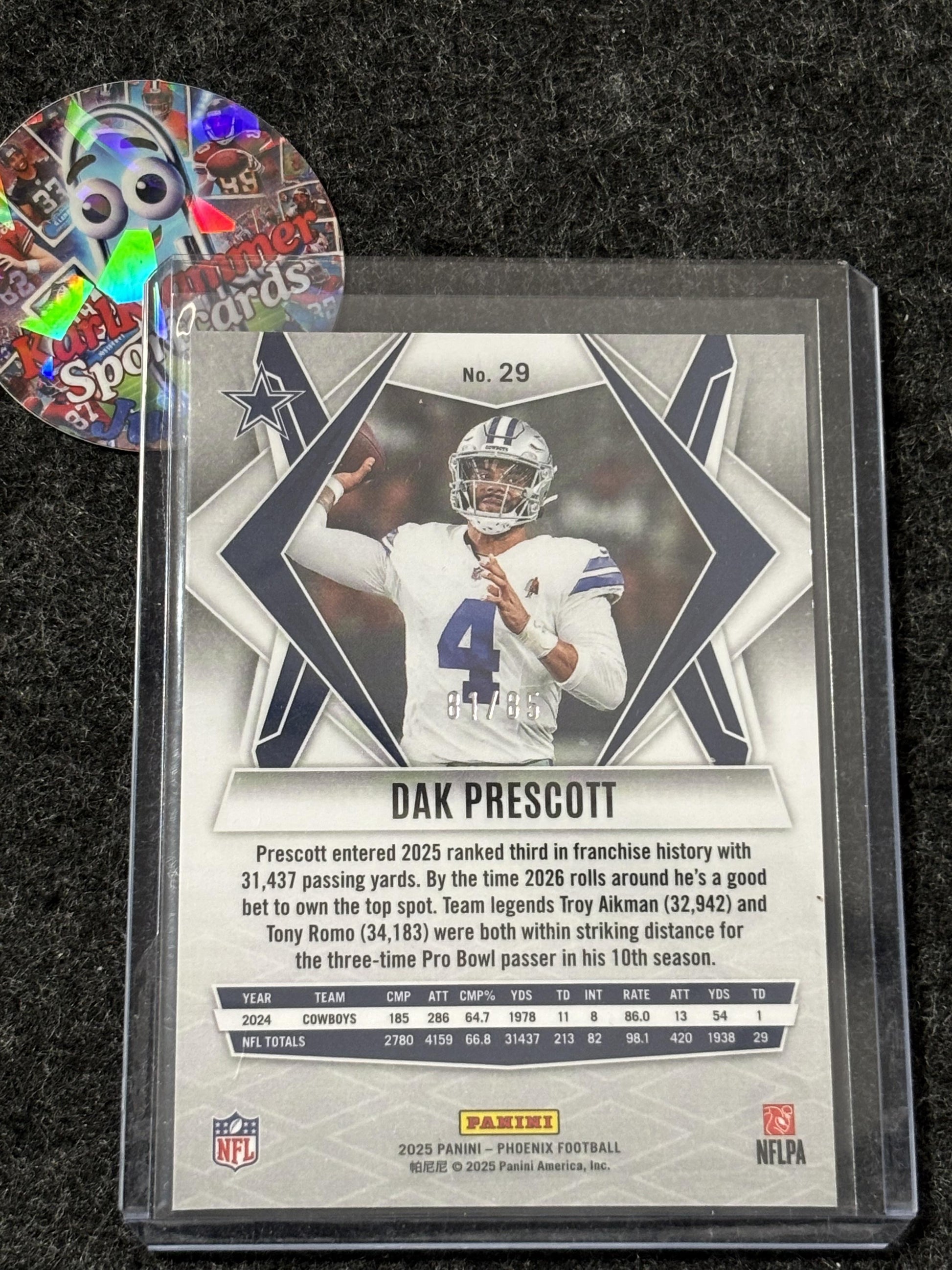 2025 Panini Phoenix #29 Dak Prescott Light Blue Mojo Prizm #/85 Dallas Cowboys SN
