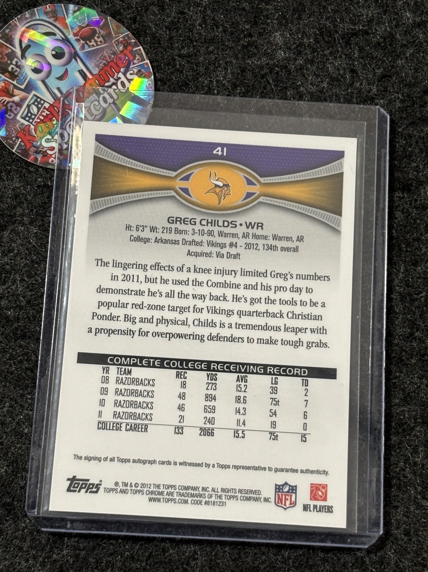 2012 Topps Chrome #41 Greg Childs Rookie Autographs Minnesota Vikings RC,AU