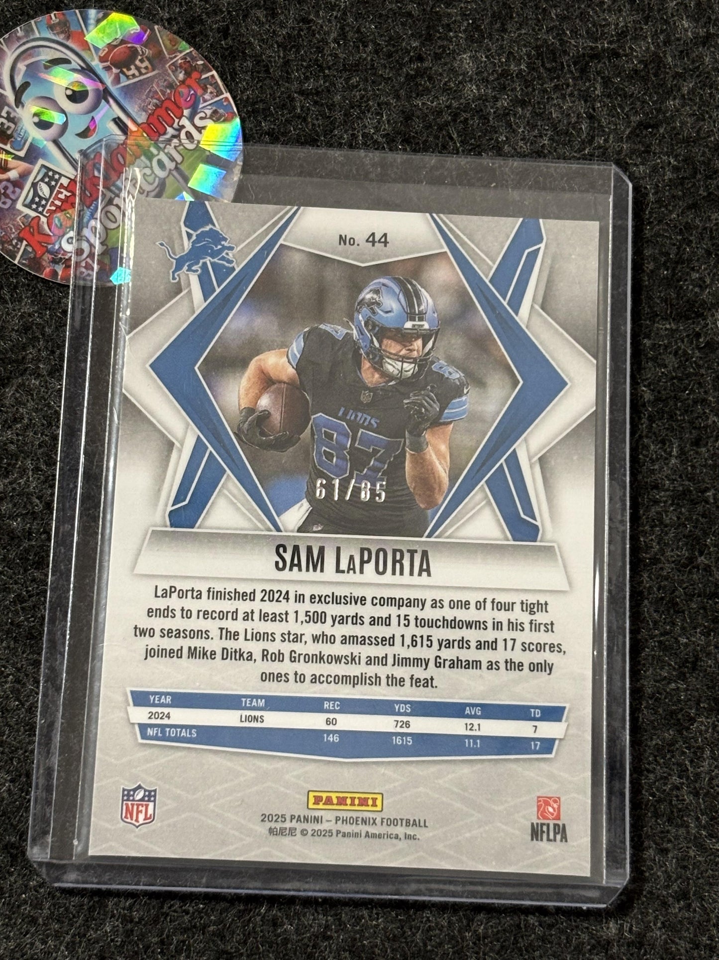 2025 Panini Phoenix #44 Sam LaPorta Light Blue Mojo Prizm #/85 Detroit Lions SN