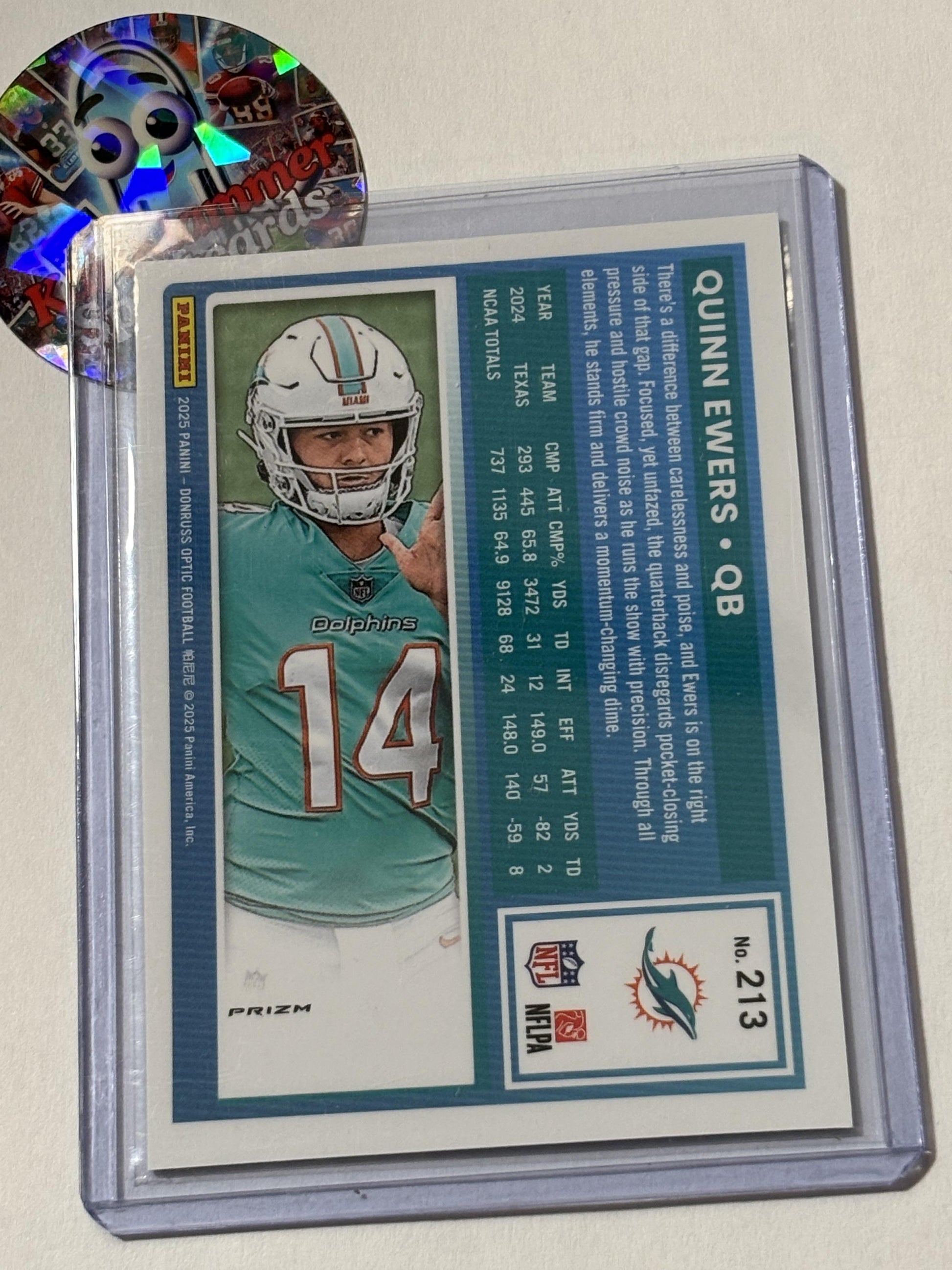 2025 Donruss Optic #213 Quinn Ewers Purple Shock Miami Dolphins RC