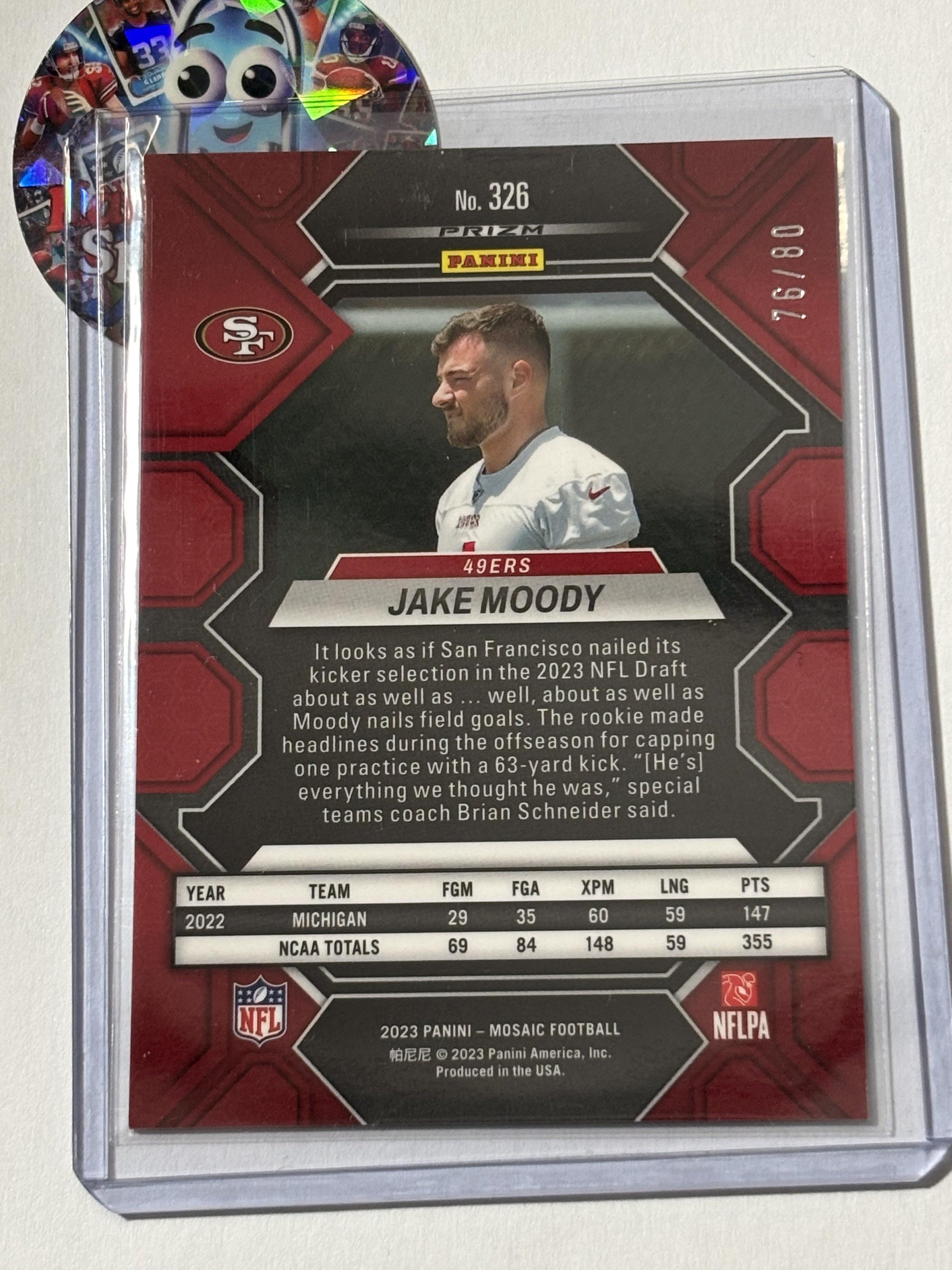 2023 Panini Mosaic #326 Jake Moody Red and Yellow Fusion Mosaic #/80 San Francisco 49ers SN,RC