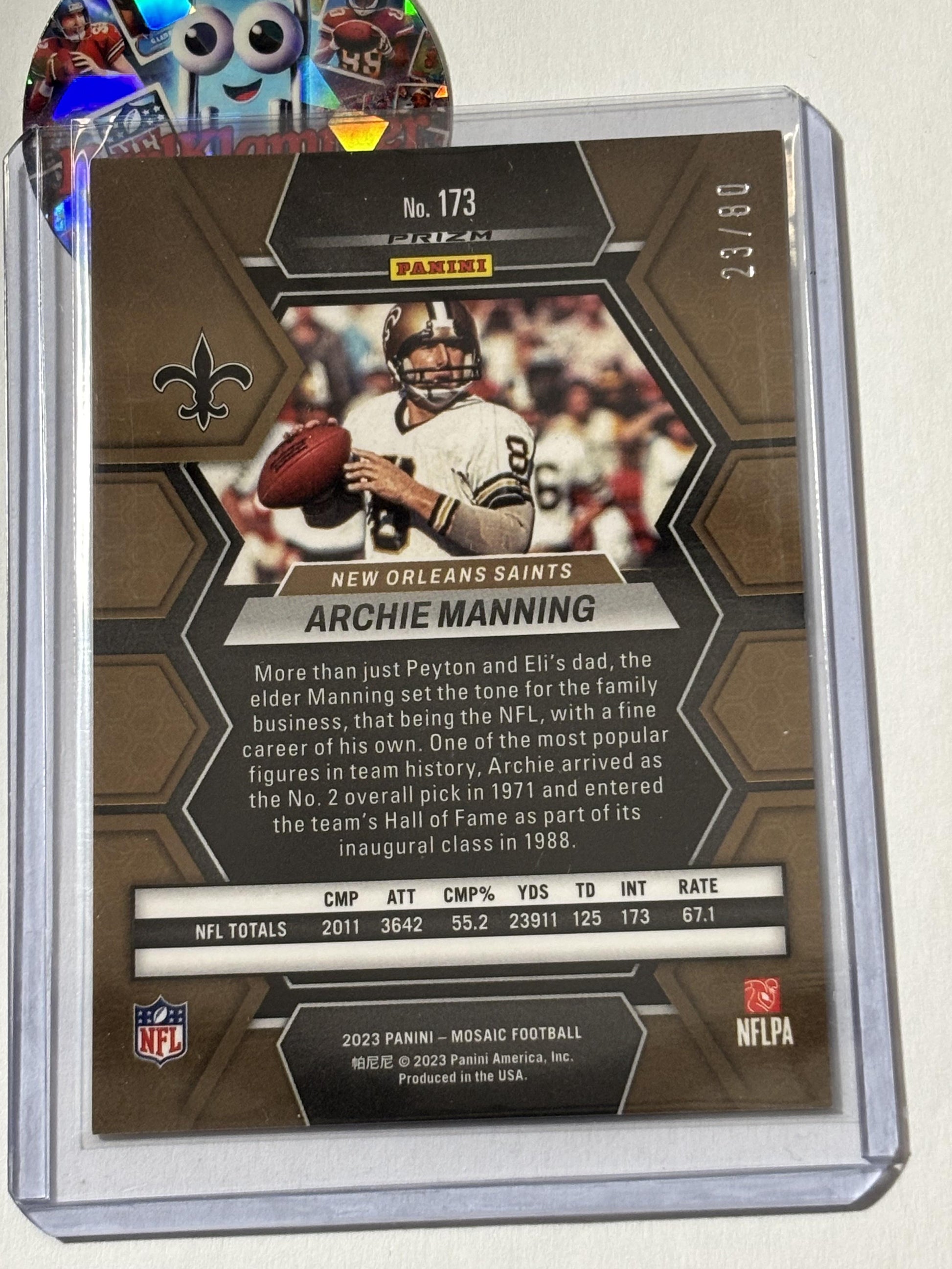 2023 Panini Mosaic #173 Archie Manning Red and Yellow Fusion Mosaic #/80 New Orleans Saints SN