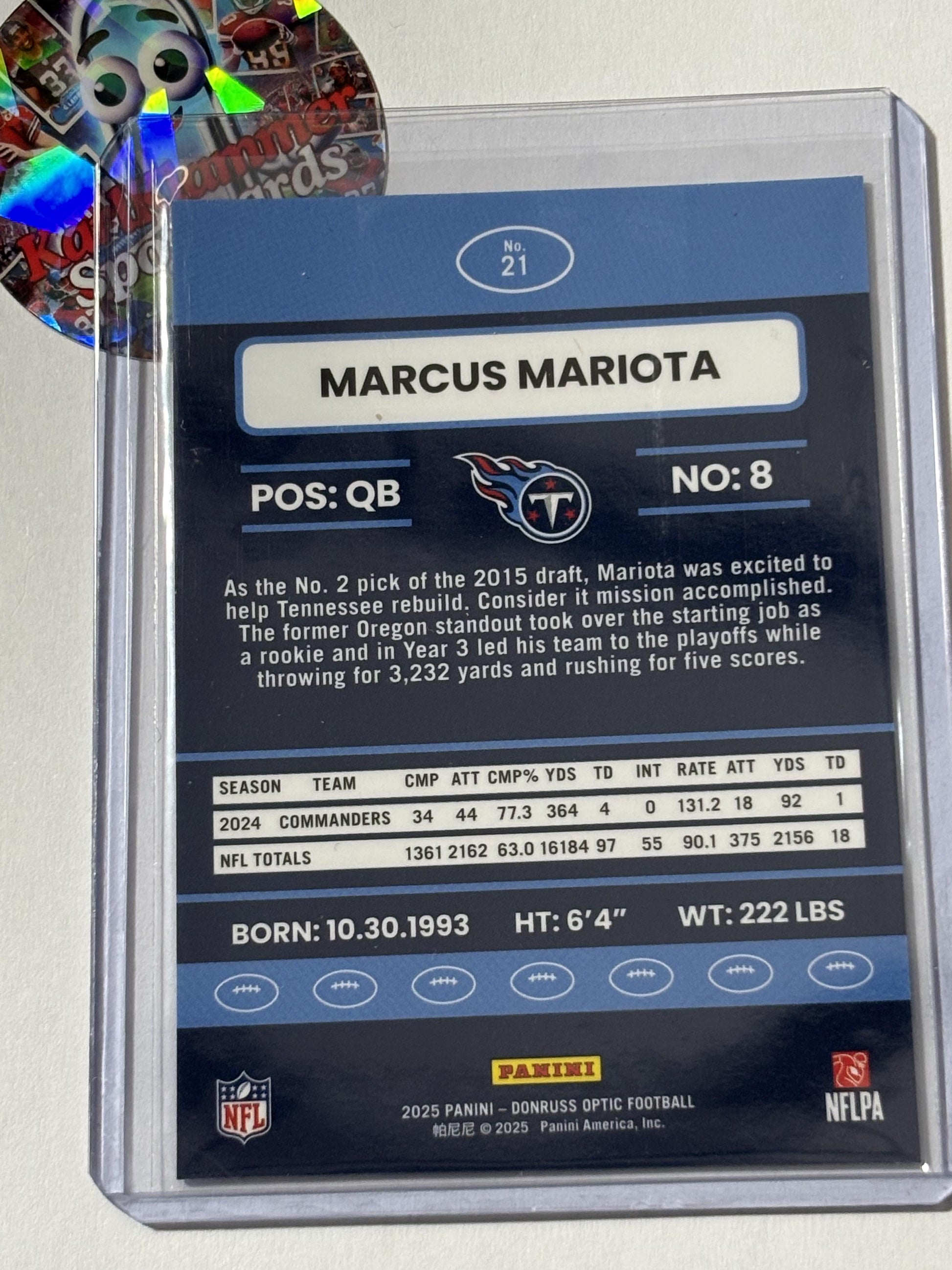 2025 Donruss Optic #21 Marcus Mariota 2015 Retro Tennessee Titans