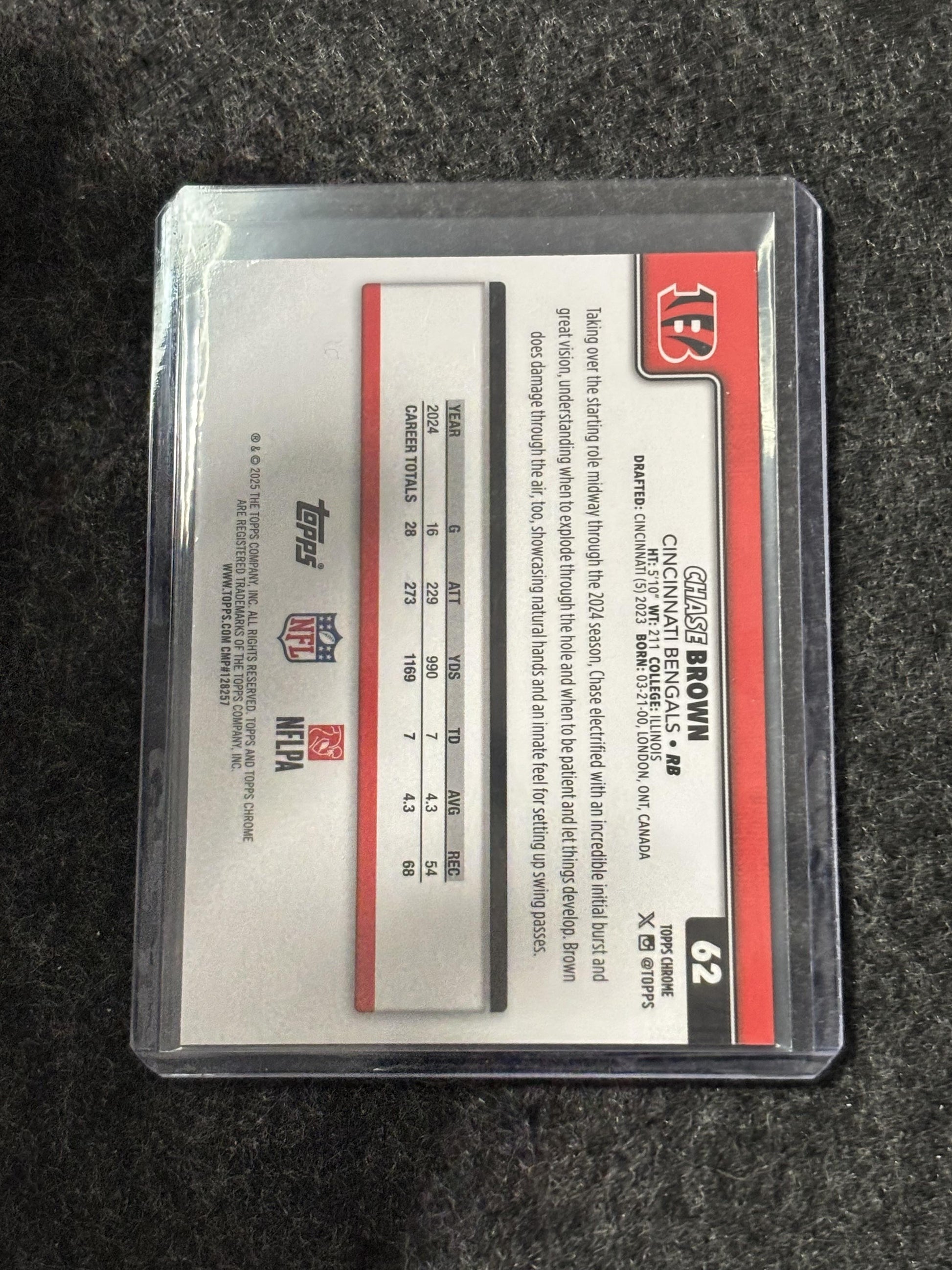 2025 Topps Chrome Football #62 Chase Brown Red, White, and Blue Refractor Cincinnati Bengals