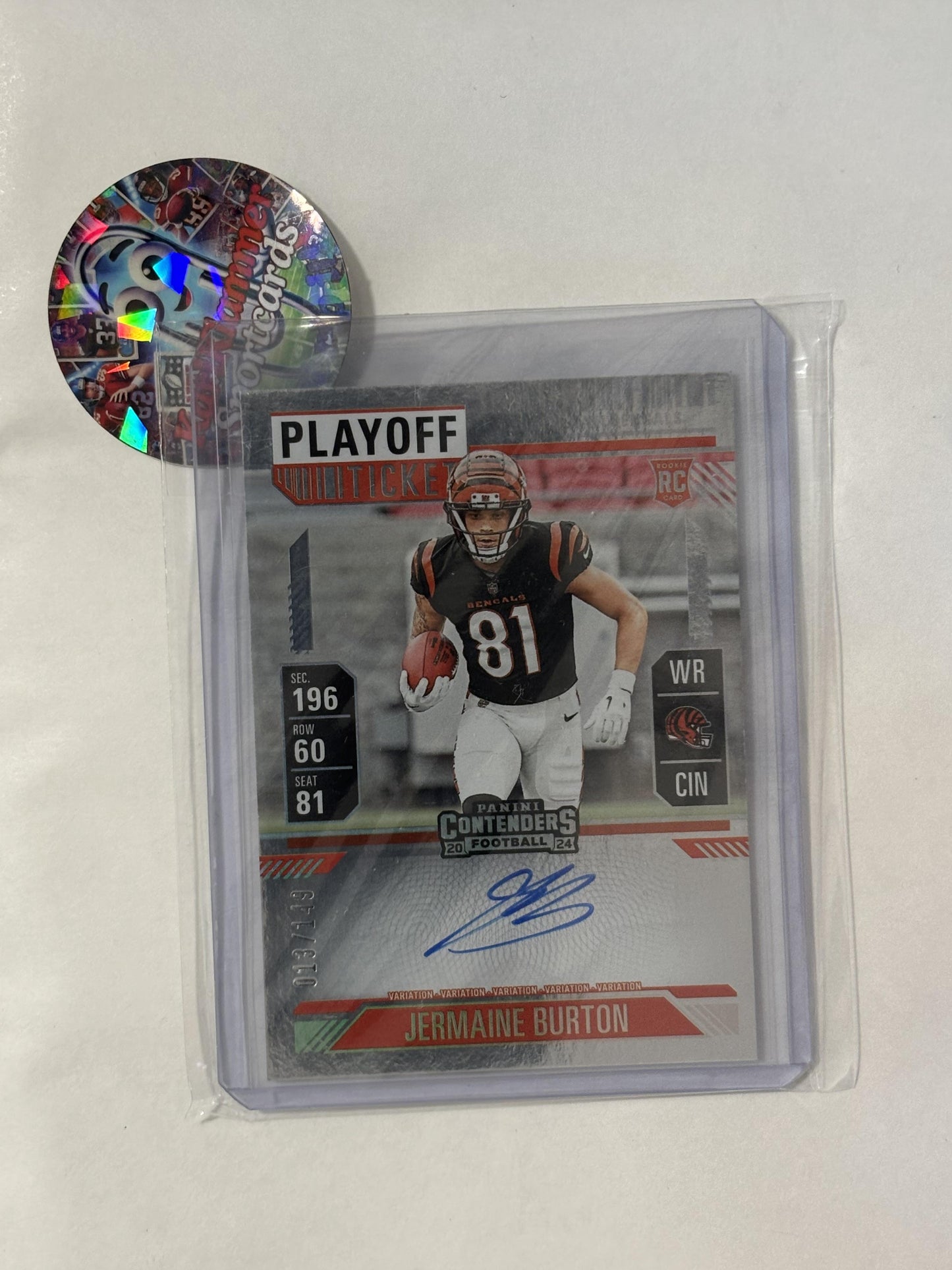 2024 Panini Contenders #135 Jermaine Burton Playoff Ticket #/149 Cincinnati Bengals SN,RC,AU