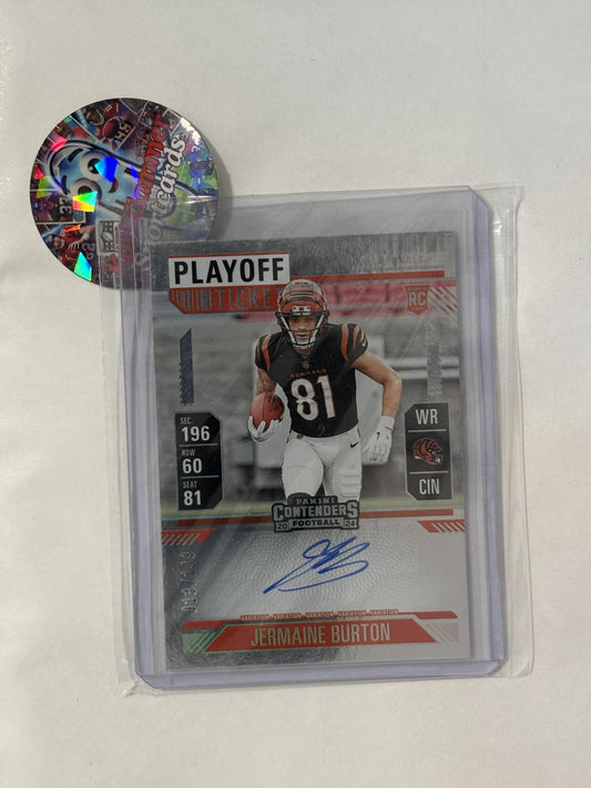 2024 Panini Contenders #135 Jermaine Burton Playoff Ticket #/149 Cincinnati Bengals SN,RC,AU