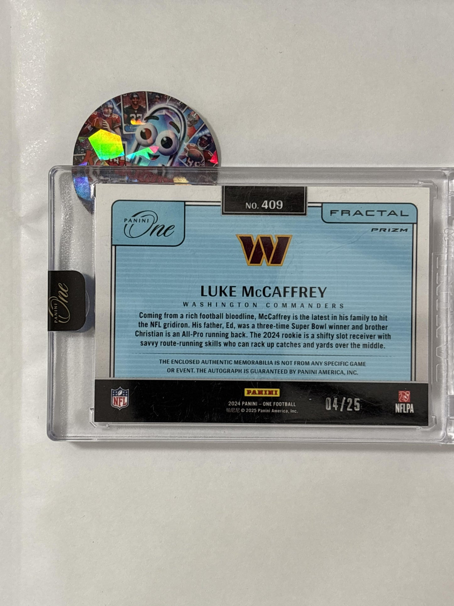 2024 Panini One #409 Luke McCaffrey Gold #/25 Washington Commanders SN,MEM,AU