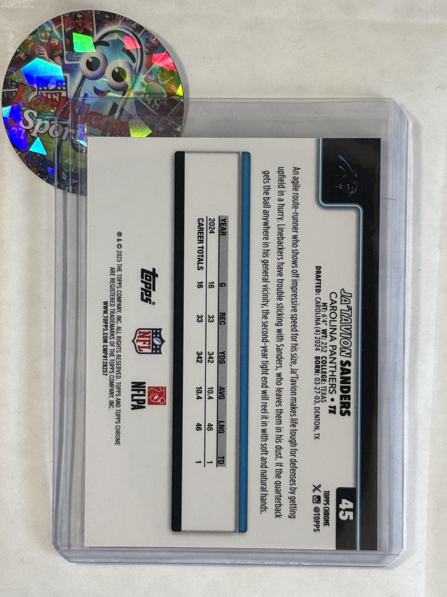 2025 Topps Chrome #45 Ja'Tavion Sanders Pulsar Refractor Carolina Panthers