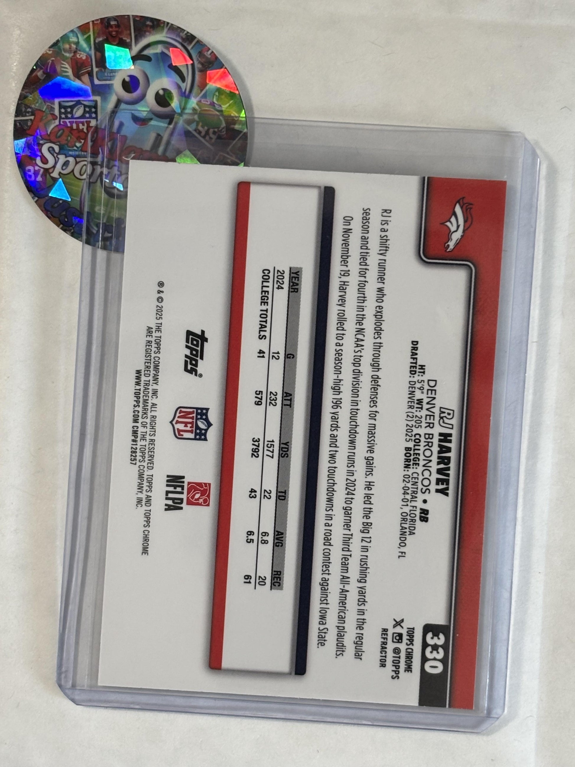 2025 Topps Chrome #330 RJ Harvey Refractor Denver Broncos RC