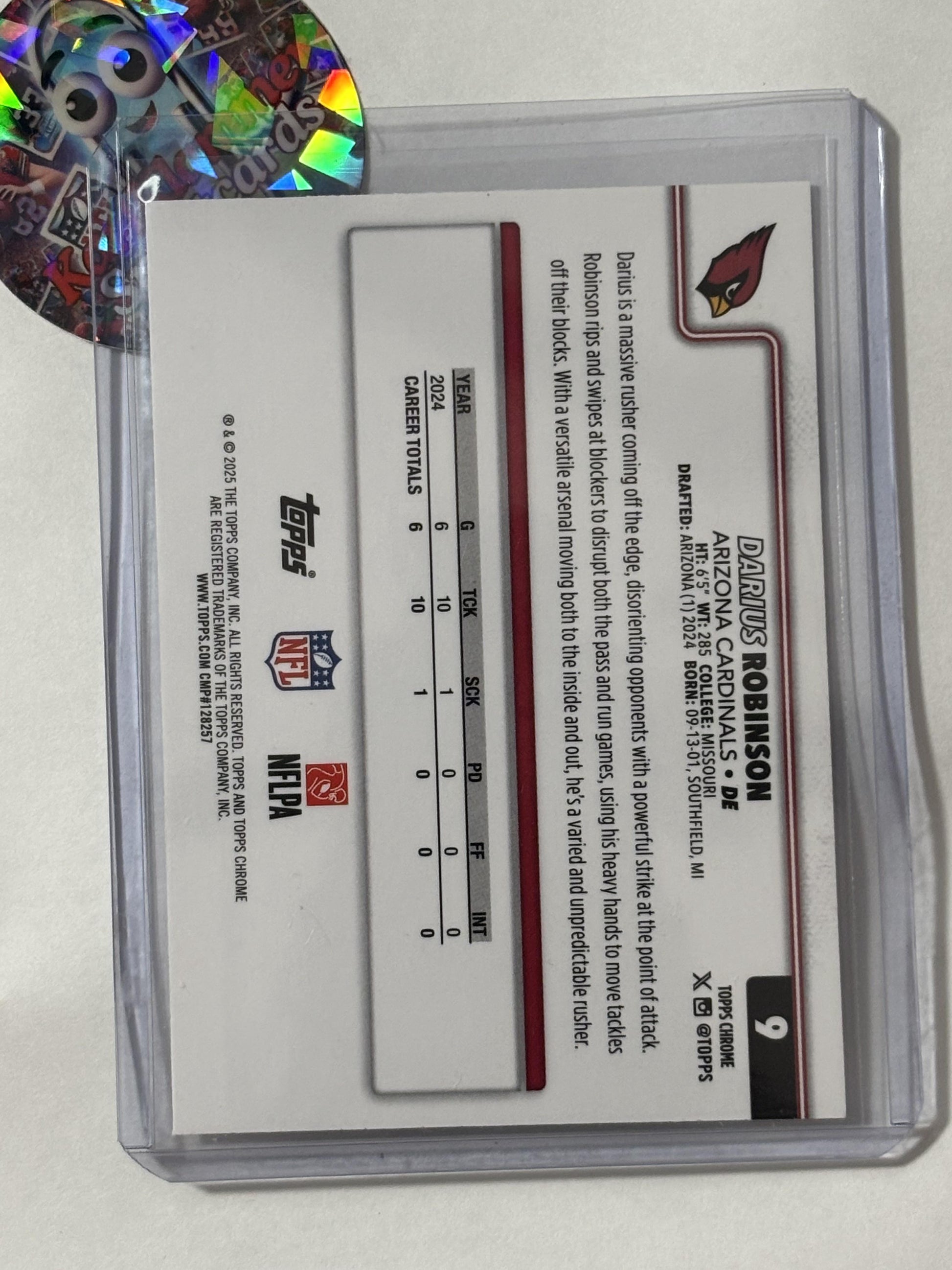 2025 Topps Chrome #9 Darius Robinson Pulsar Refractor Arizona Cardinals