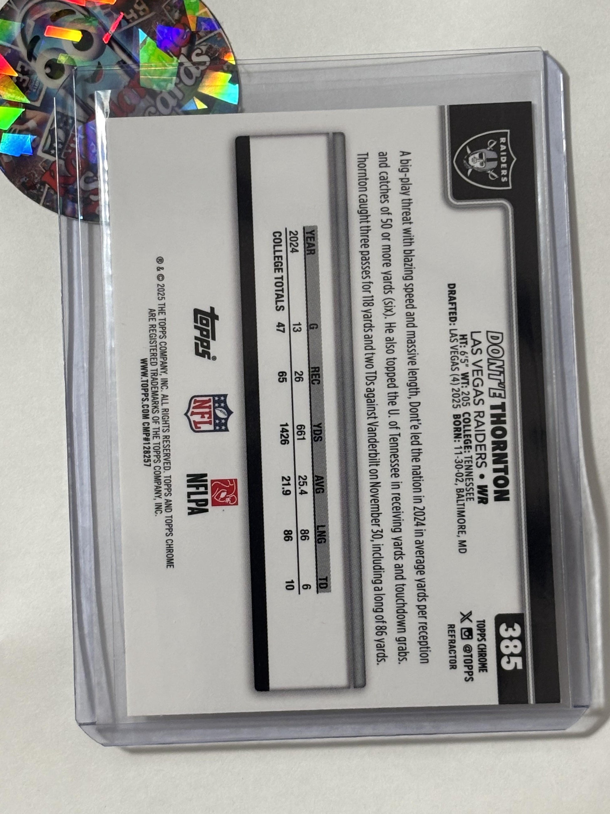 2025 Topps Chrome #385 Dont'e Thornton Jr. Refractor Las Vegas Raiders RC
