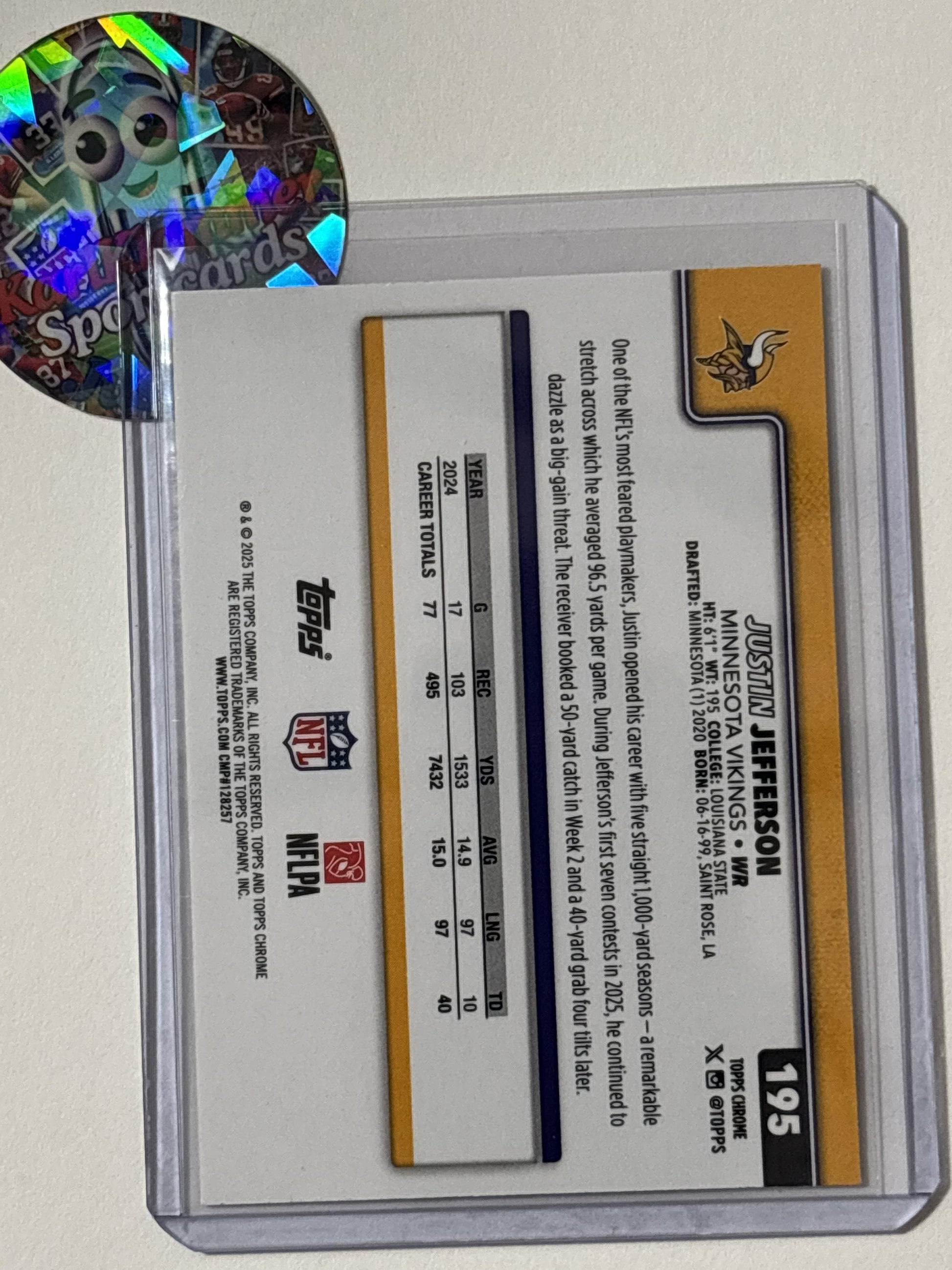 2025 Topps Chrome #195 Justin Jefferson Ray Wave Refractor Minnesota Vikings