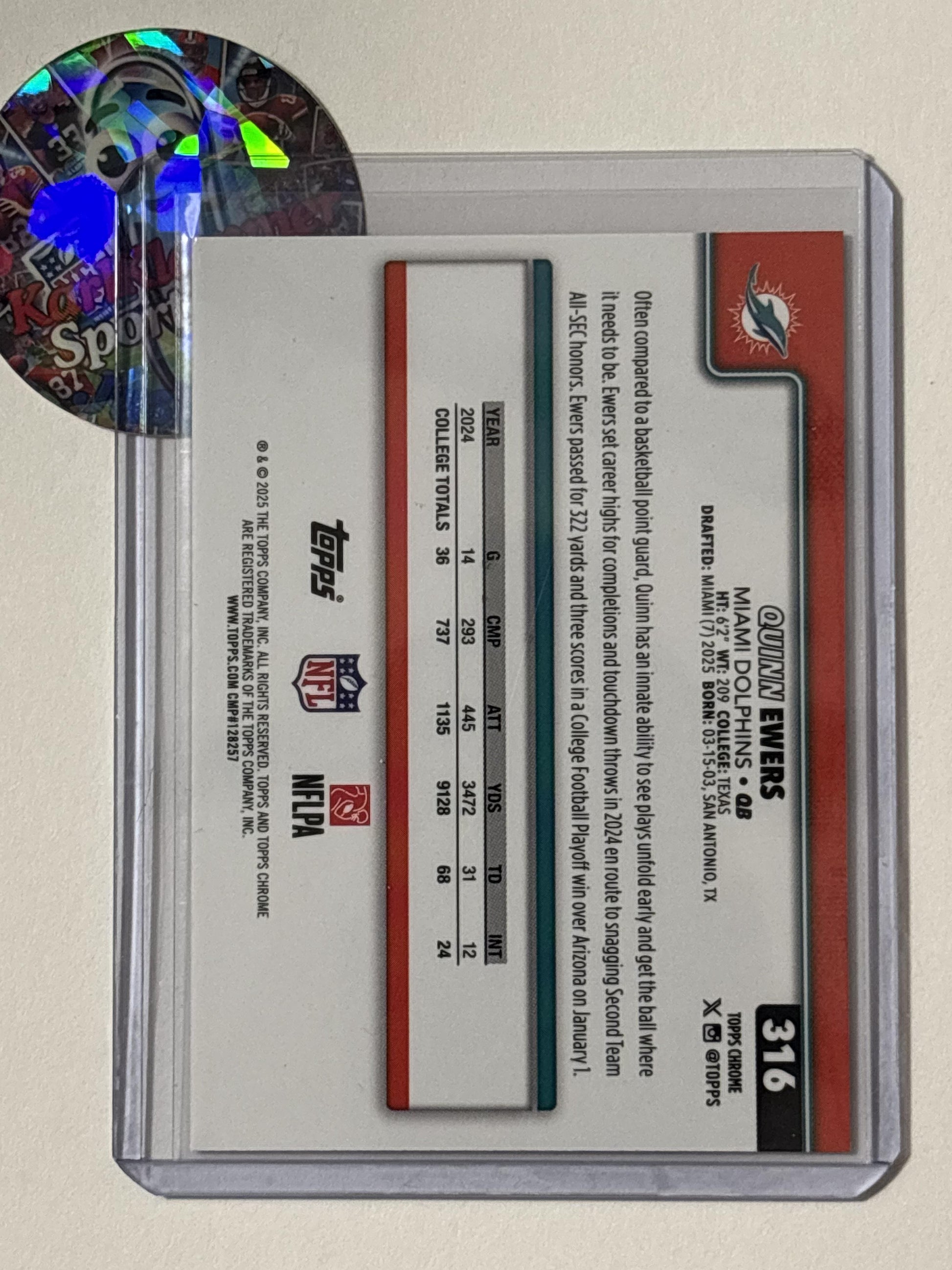 2025 Topps Chrome #316 Quinn Ewers Red White and Blue Refractor Miami Dolphins RC