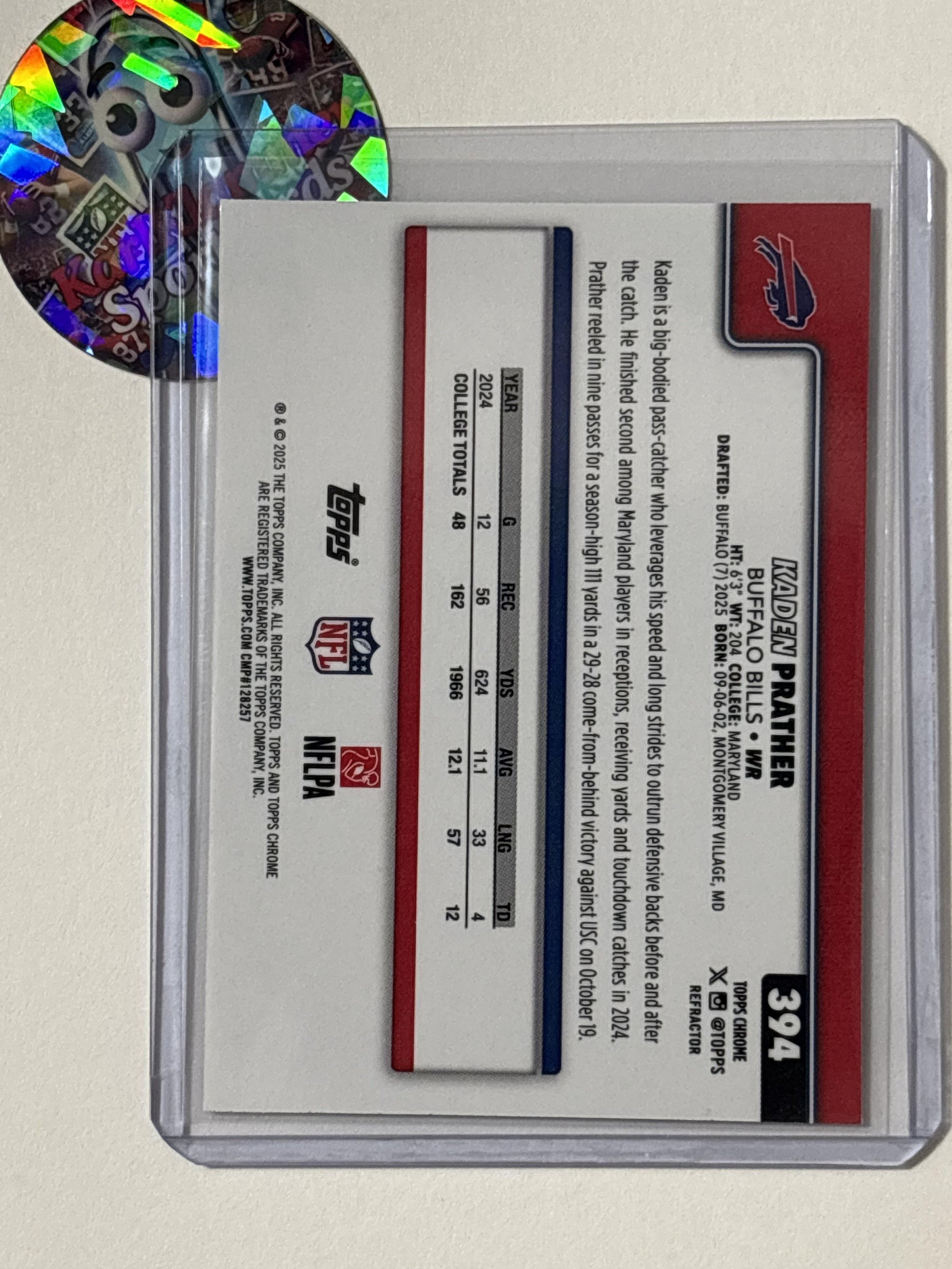 2025 Topps Chrome #394 Kaden Prather Refractor Buffalo Bills RC
