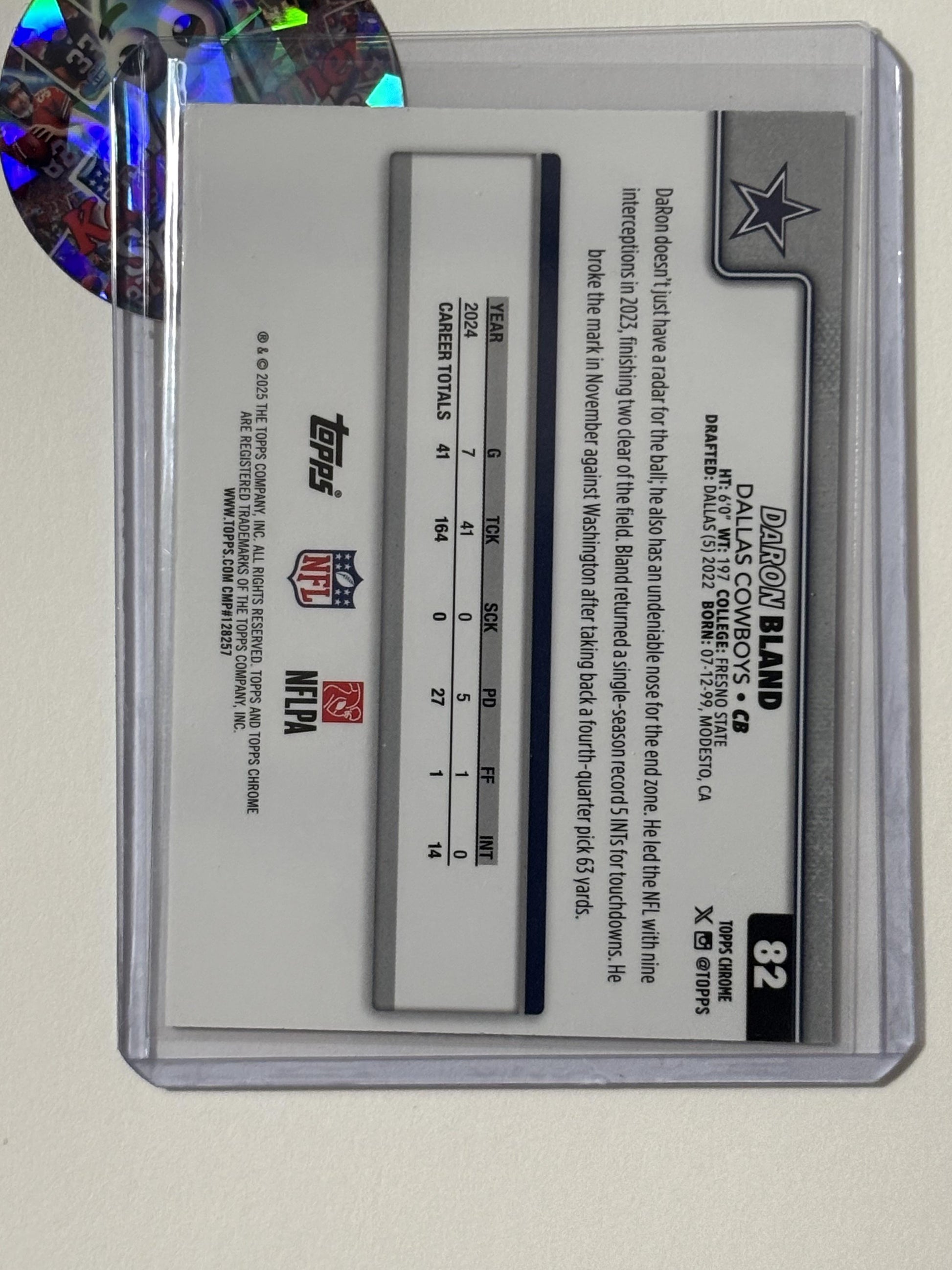 2025 Topps Chrome #82 DaRon Bland Ray Wave Refractor Dallas Cowboys